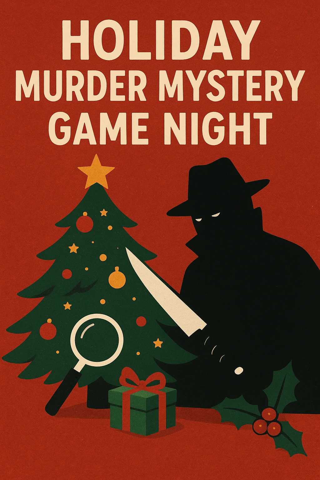 Vintage-style holiday poster featuring a Christmas tree, magnifying glass, wrapped gift, and a shadowy detective-like figure holding a large knife, promoting a “Holiday Murder Mystery Game Night” in bold cream lettering on a red background.