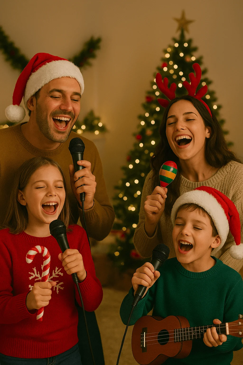 family singing christmas songs together with microphones and festive accessories in front of a decorated tree