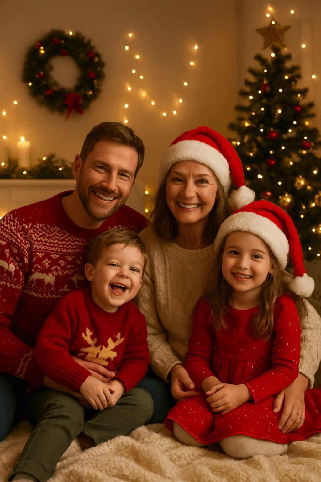 family smiling in cozy christmas setting with santa hats warm lights wreath and decorated tree in background