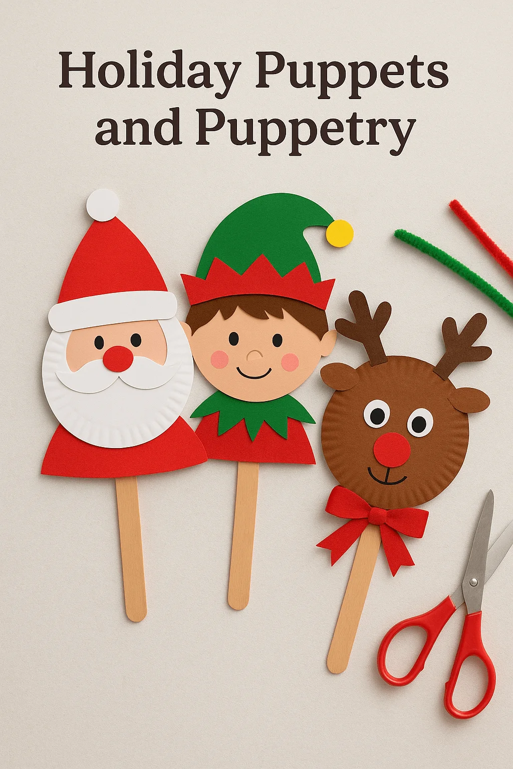 Holiday puppets made from paper and craft sticks featuring Santa elf and reindeer with craft supplies nearby