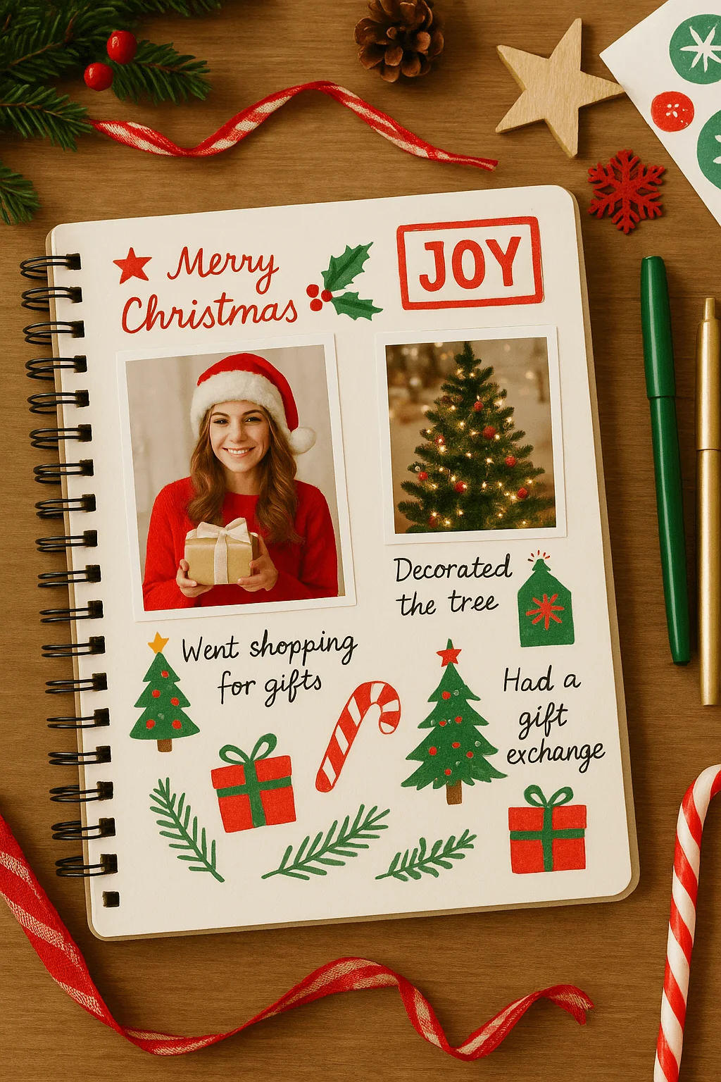 holiday scrapbook journal page with festive drawings photos of a woman in a santa hat holding a gift a decorated christmas tree candy canes presents and handwritten holiday activities