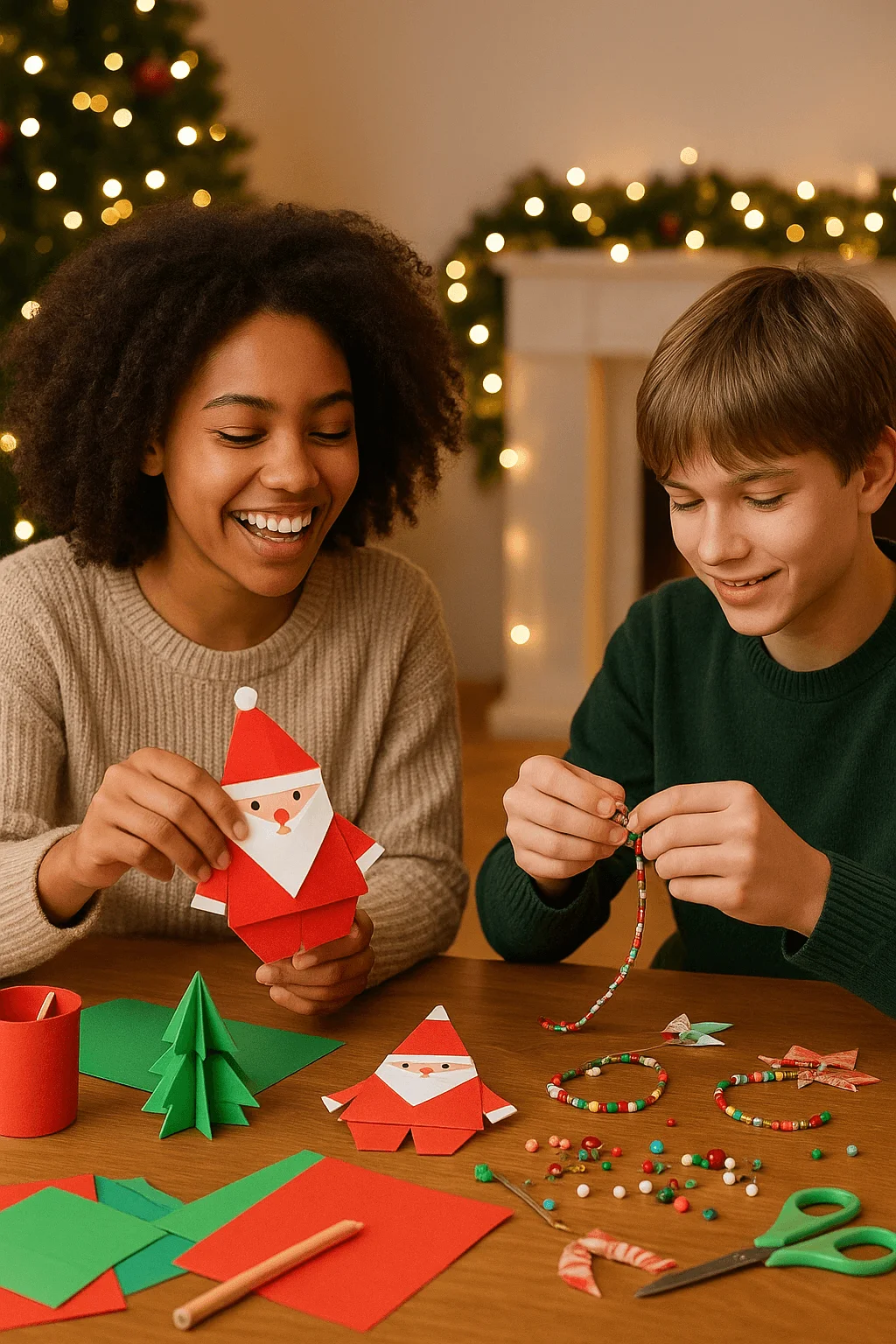 teens making holiday crafts with origami santa figures and beaded decorations