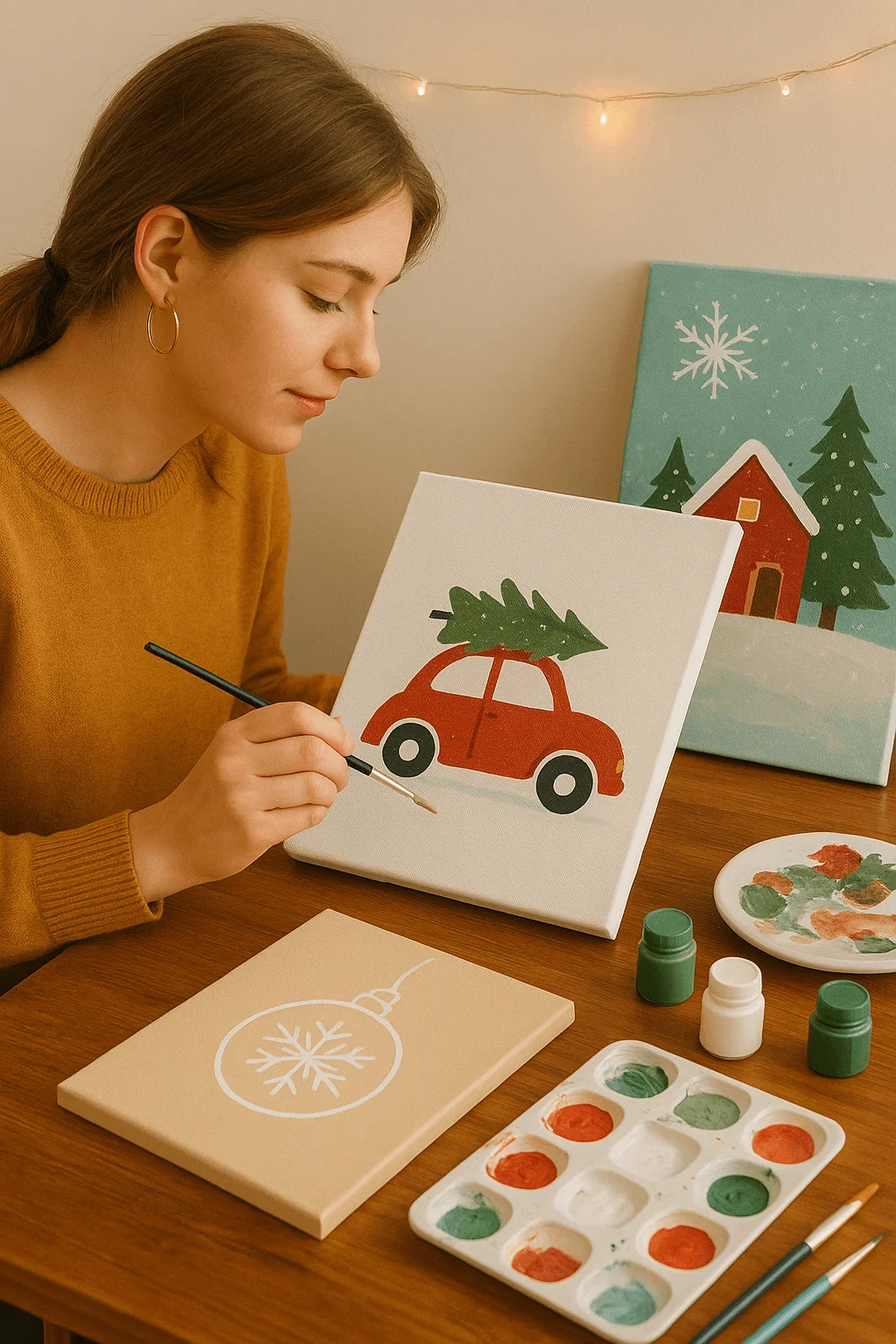 holiday canvas painting scene with a girl painting a red car carrying a christmas tree surrounded by festive art supplies and finished holiday artwork