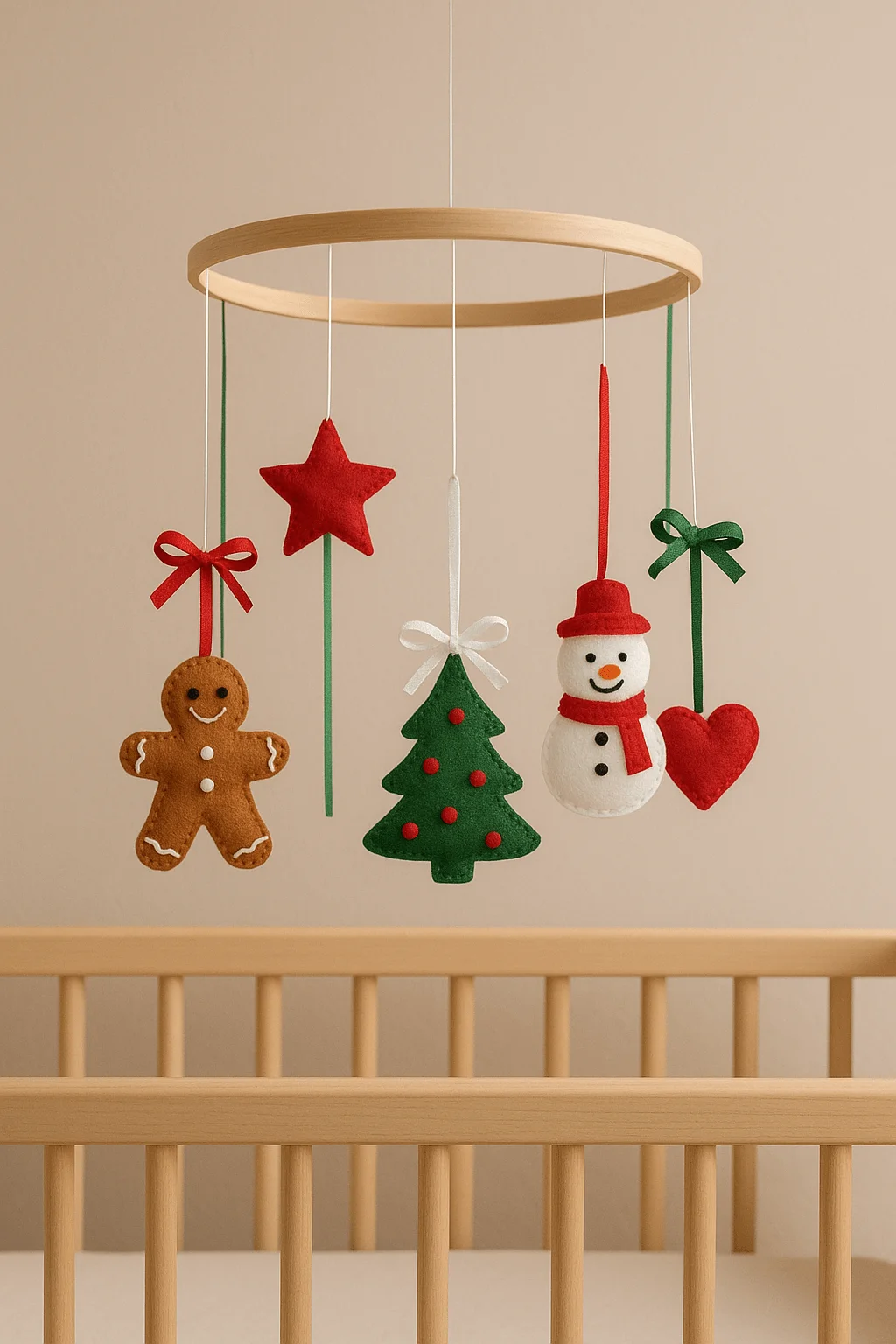 christmas themed baby mobile with felt gingerbread man star tree snowman and heart hanging above a wooden crib