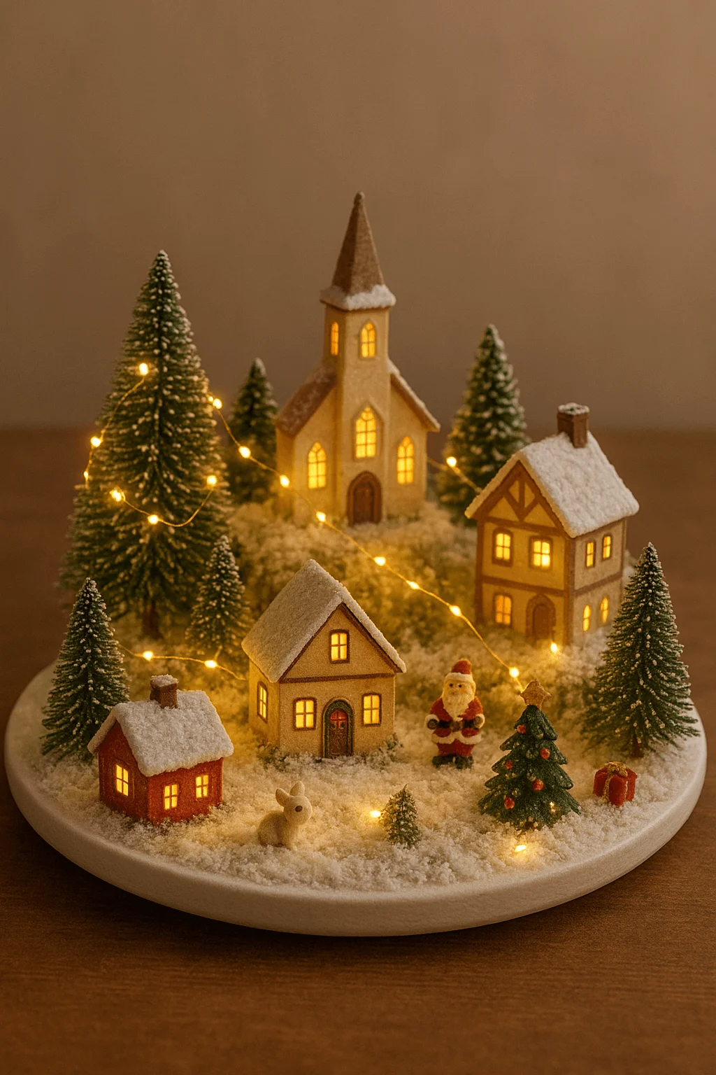 Cozy Christmas village display with snowy houses glowing windows evergreen trees Santa figurine and warm LED fairy lights