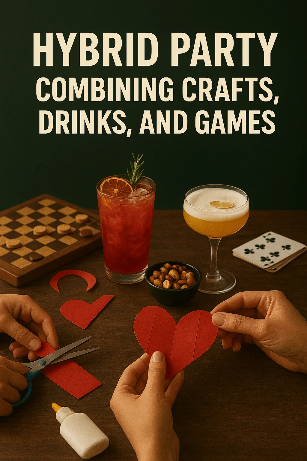 Hands crafting red paper hearts on a table alongside cocktails, snacks, scissors, glue, a checkerboard, and playing cards, under bold text promoting a hybrid party with crafts, drinks, and games.