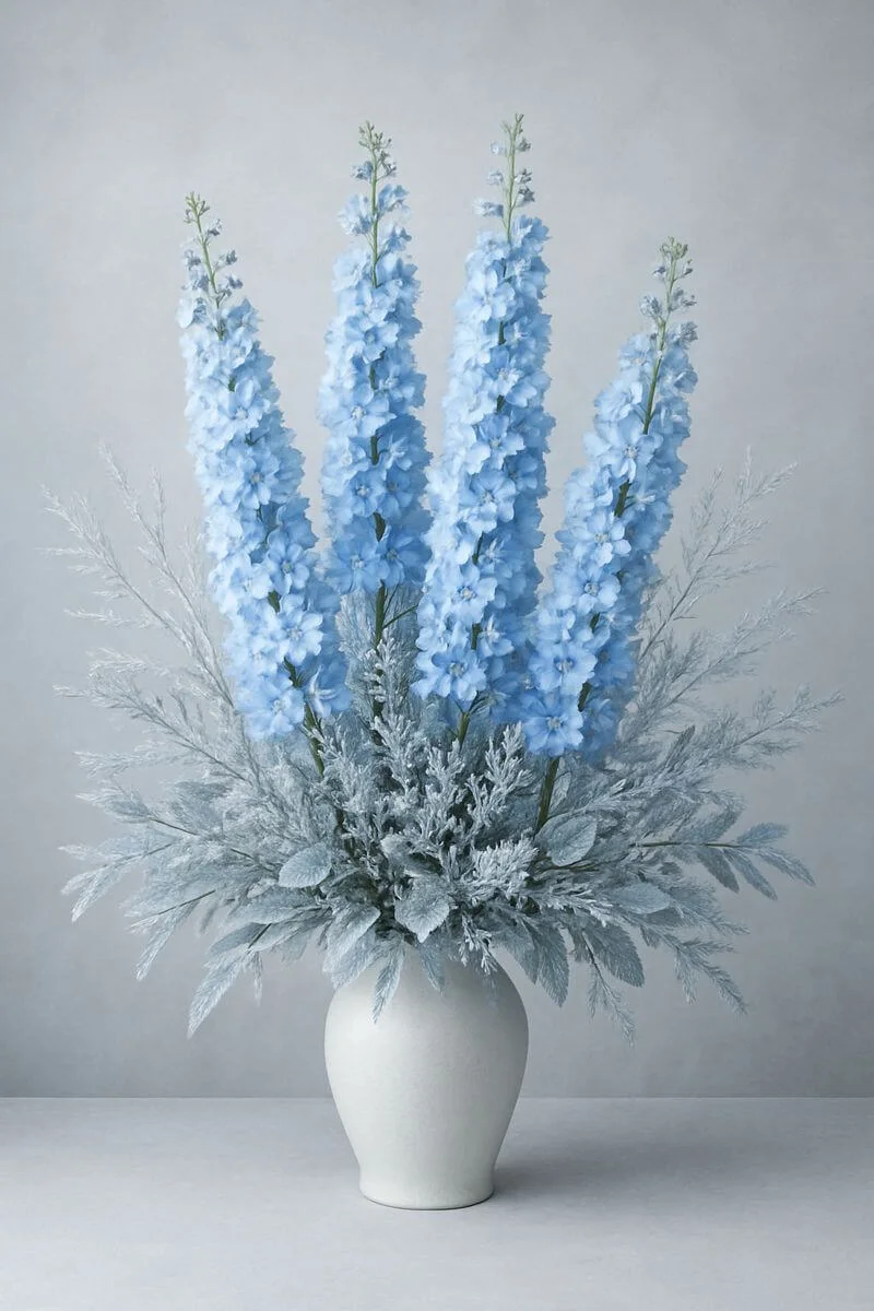 Icy blue delphinium winter floral arrangement with frosted silver foliage displayed in a minimalist white ceramic vase on a cool neutral background