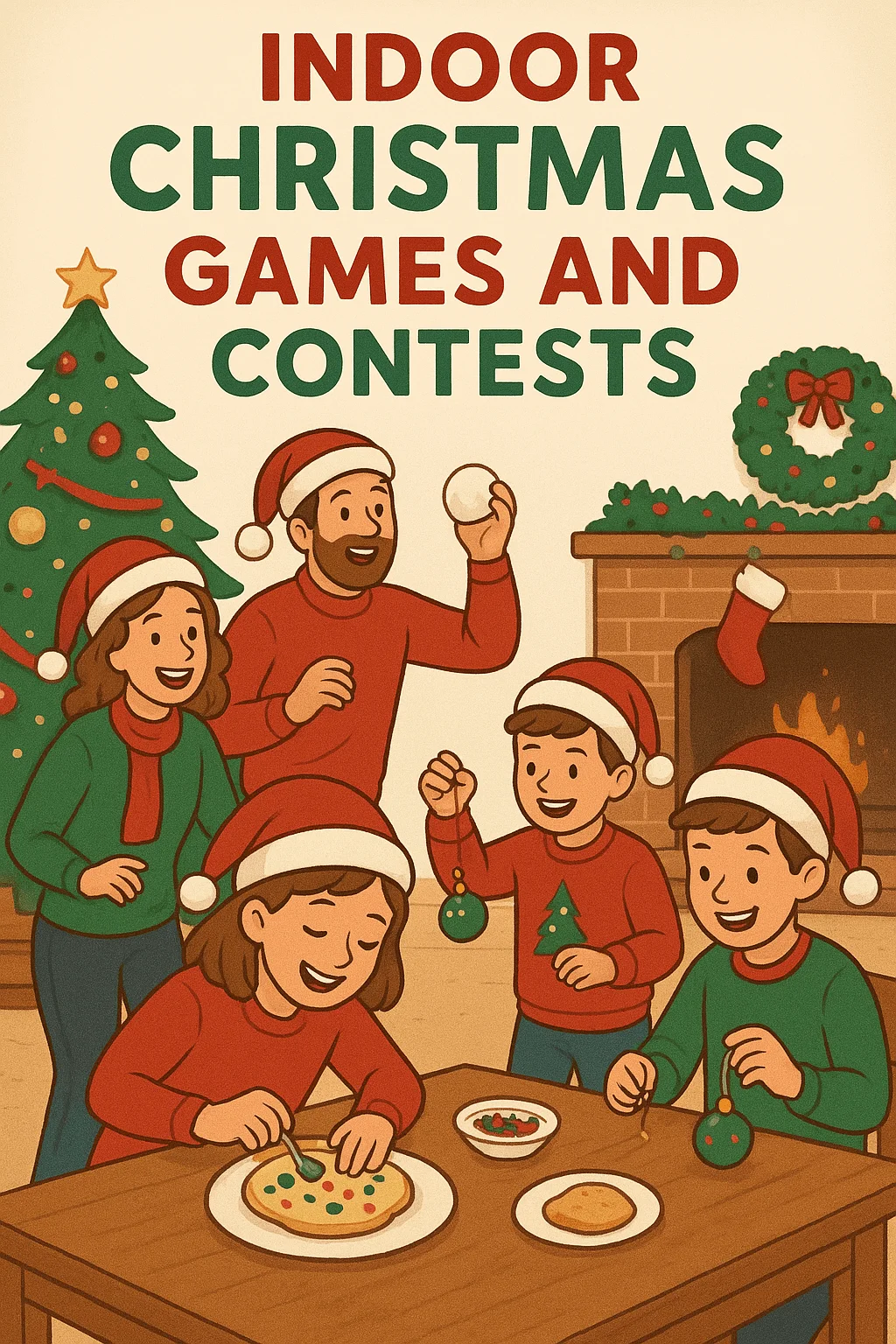 illustrated family playing indoor christmas games decorating cookies and ornaments by the tree and fireplace
