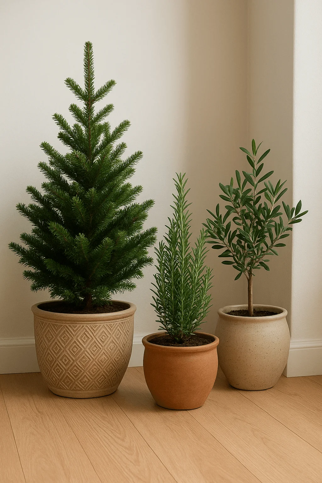 indoor potted evergreens with small fir rosemary and olive plants in neutral ceramic pots for natural winter decor