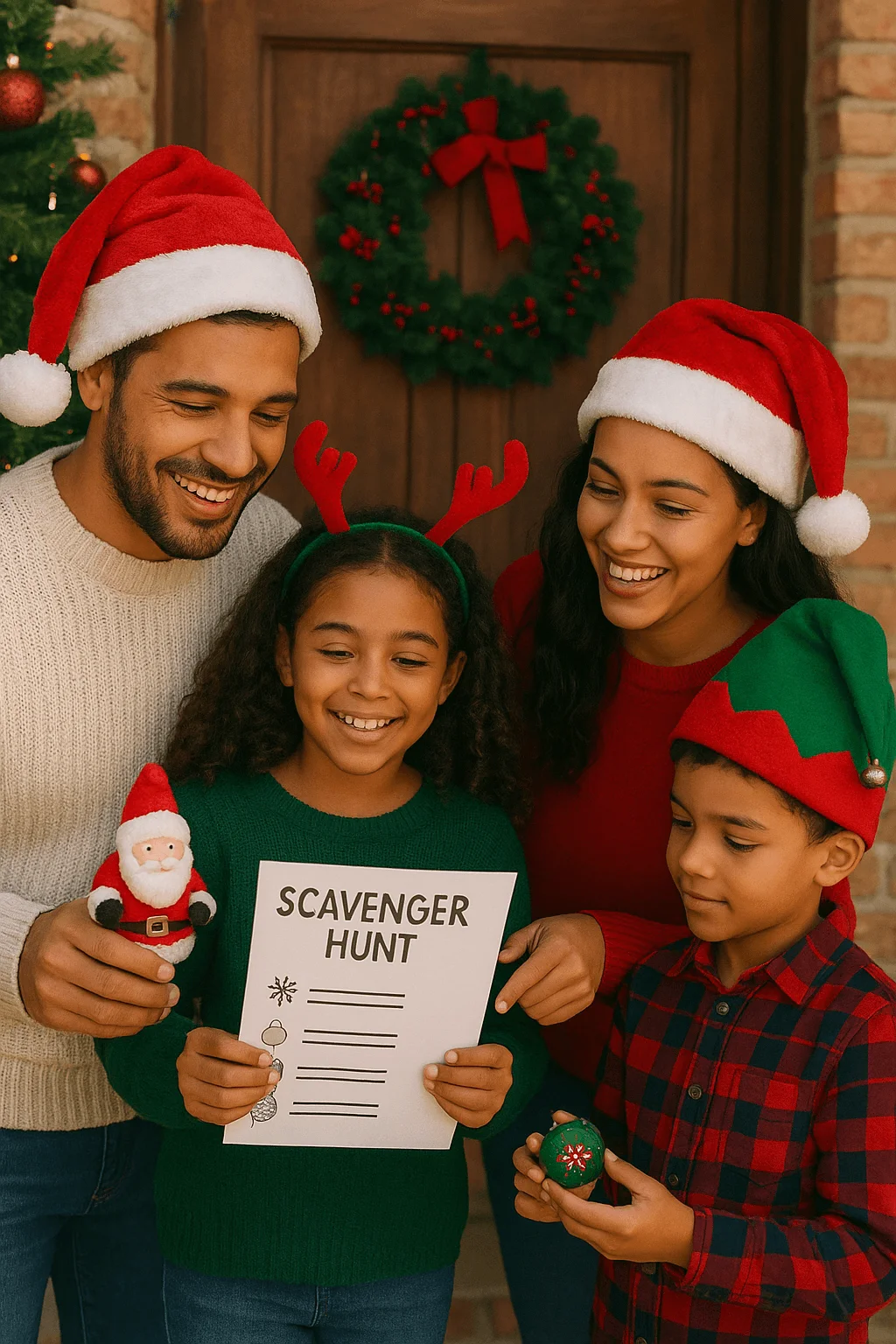 family enjoying a festive christmas scavenger hunt holding list and holiday items