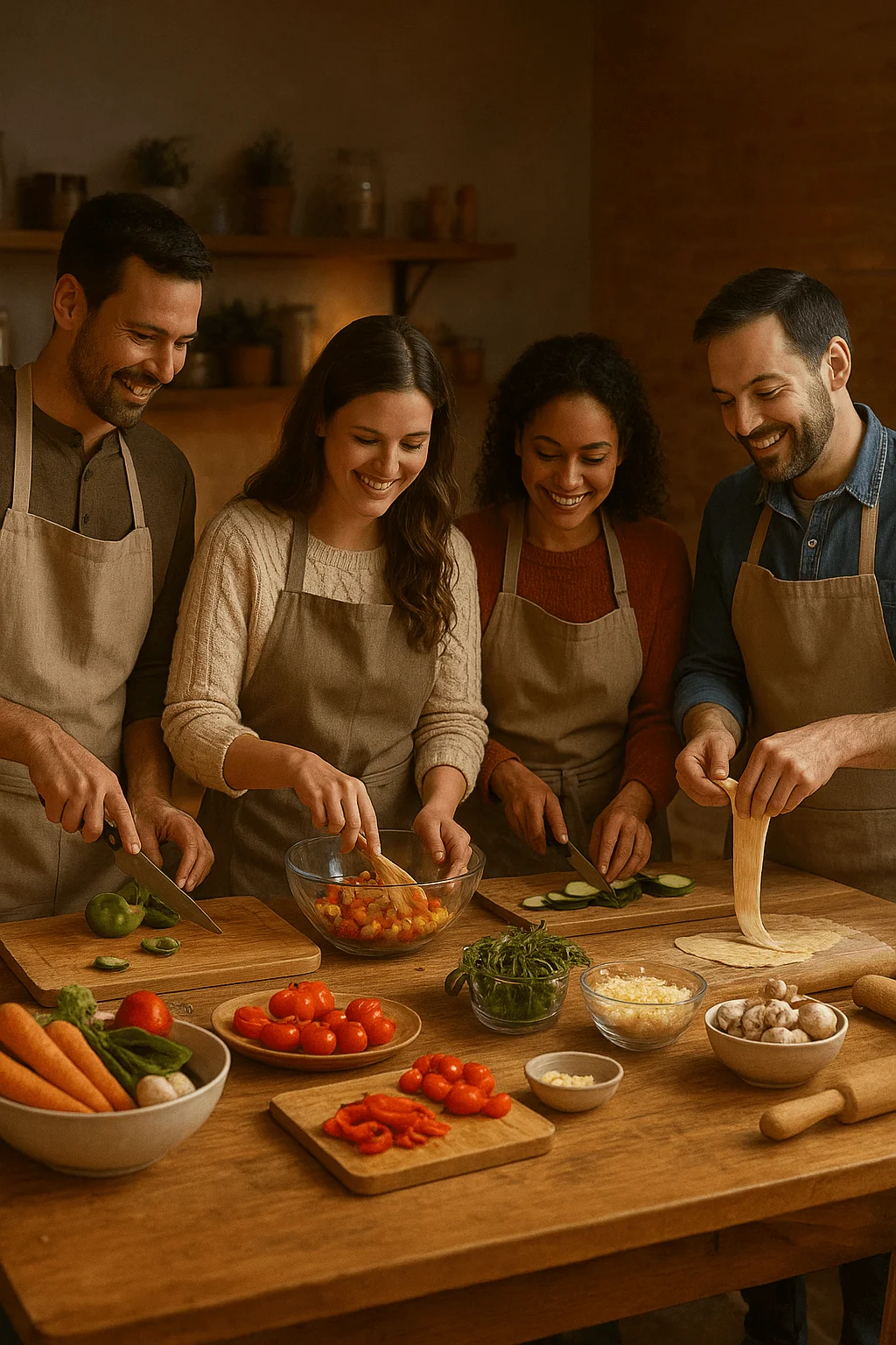 Four adults wearing aprons gather around a wooden kitchen table during an interactive cooking night, smiling as they chop vegetables, mix ingredients, and prepare dough. Fresh produce like tomatoes, carrots, mushrooms, peppers, and herbs is spread across the table, creating a warm and inviting culinary atmosphere.