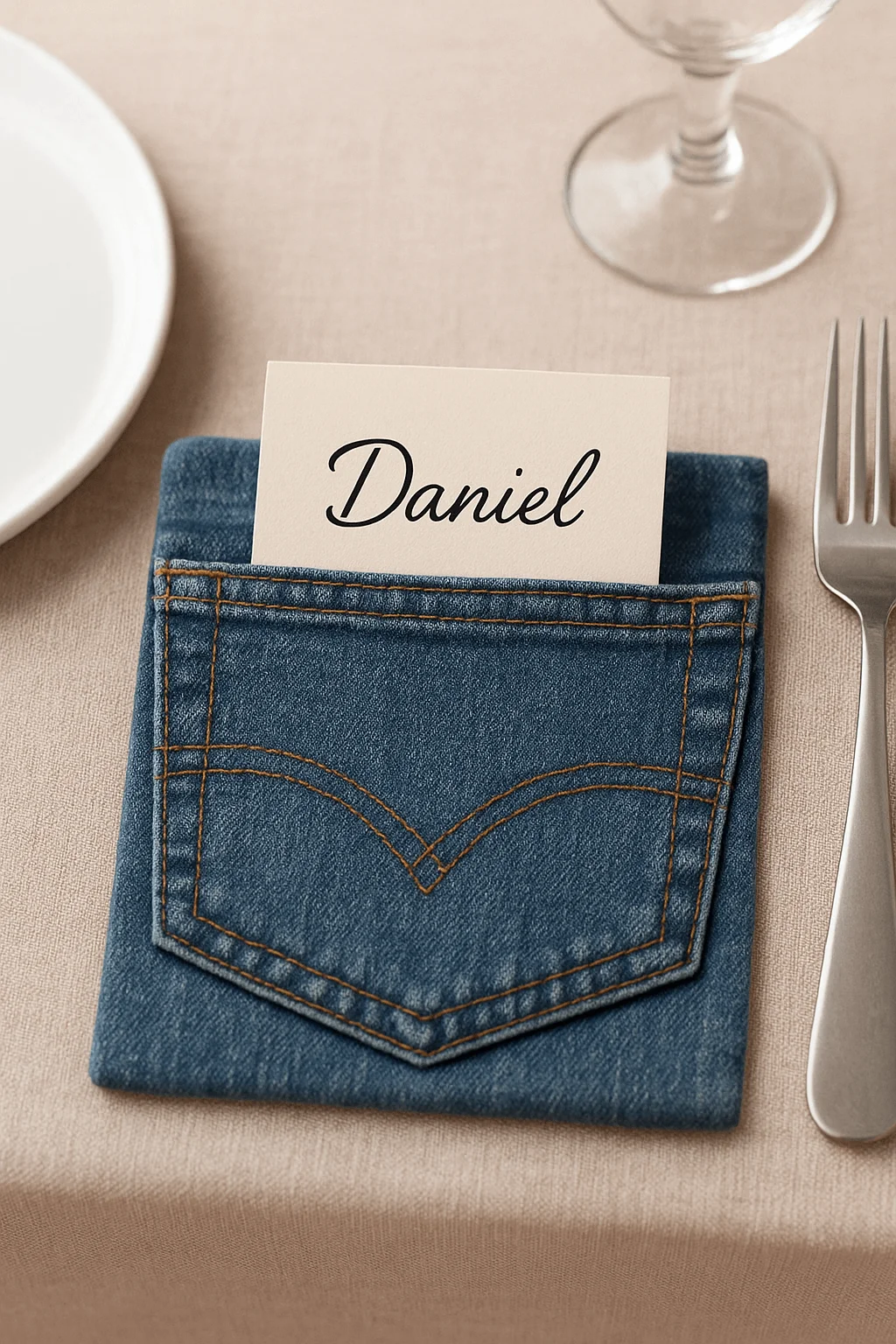Denim jeans pocket place card holder with a name card set on a neutral table setting