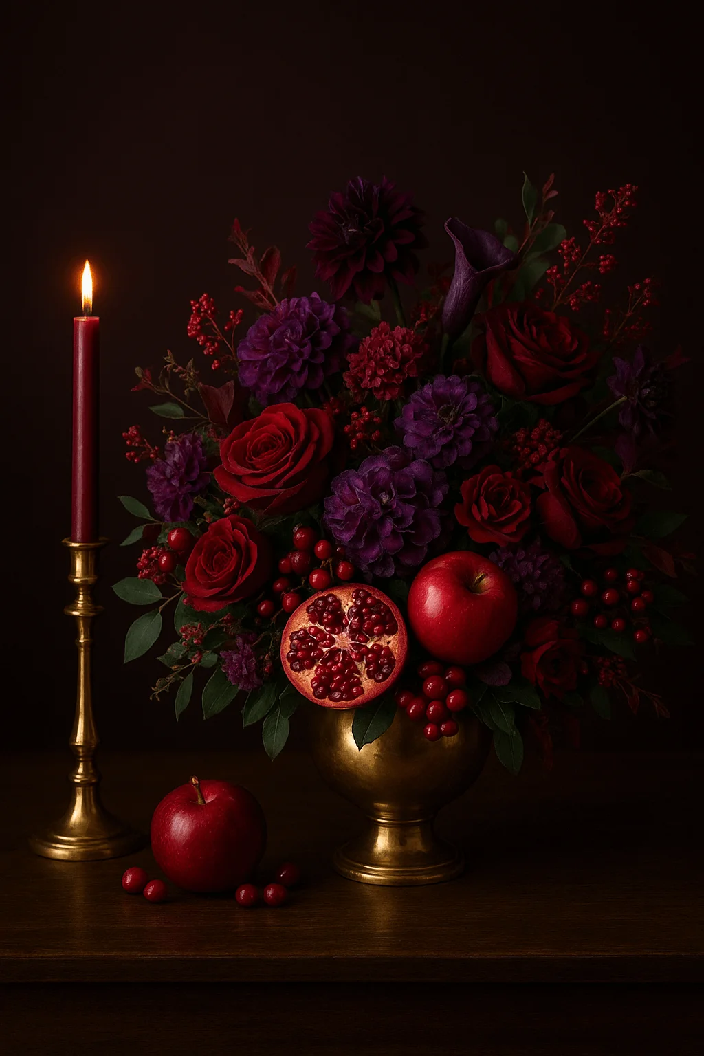 Jewel toned Christmas floral arrangement with red roses purple blooms apples pomegranate and berries beside a lit taper candle