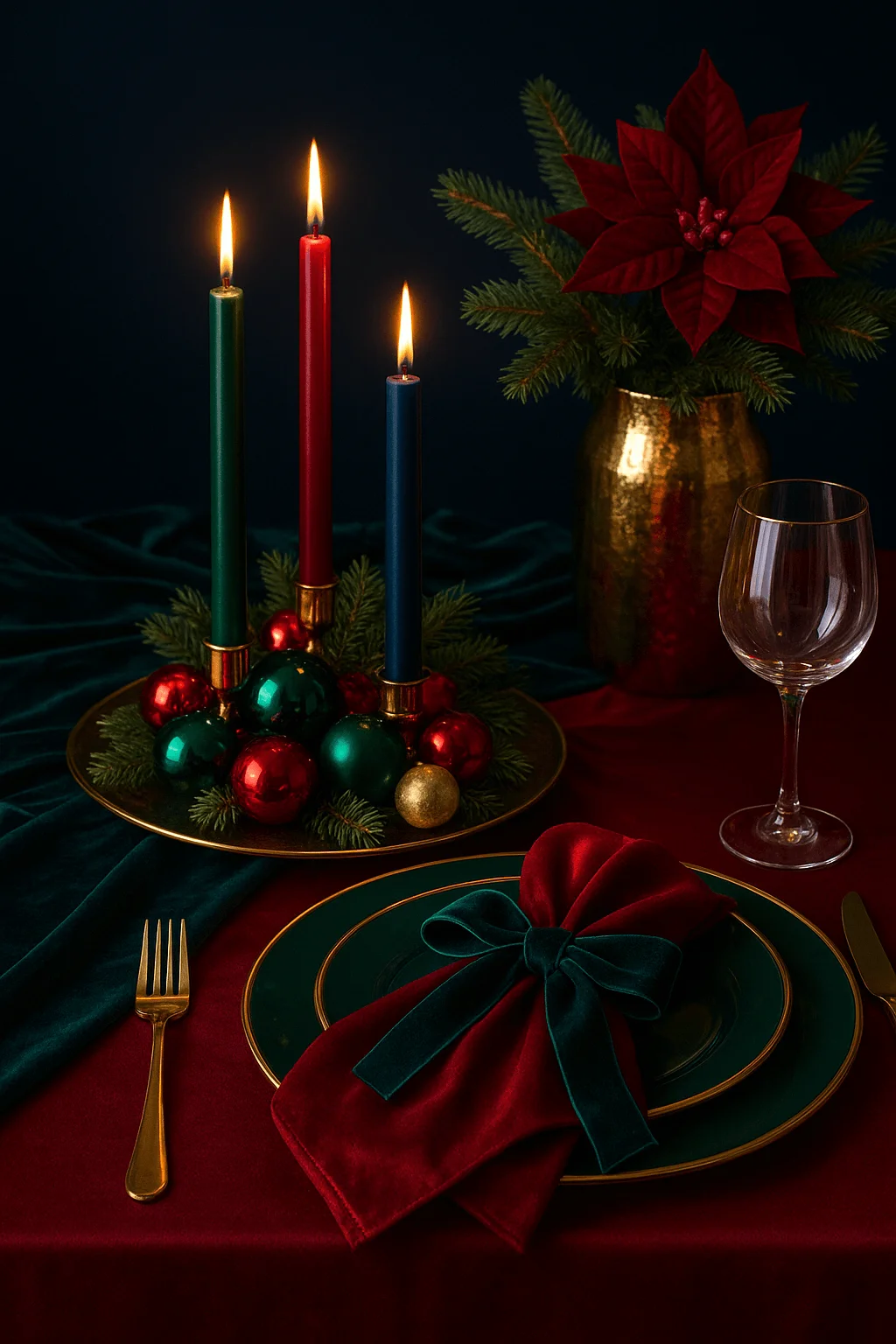 Jewel tone Christmas tablescape with colorful taper candles ornaments poinsettia and elegant place setting