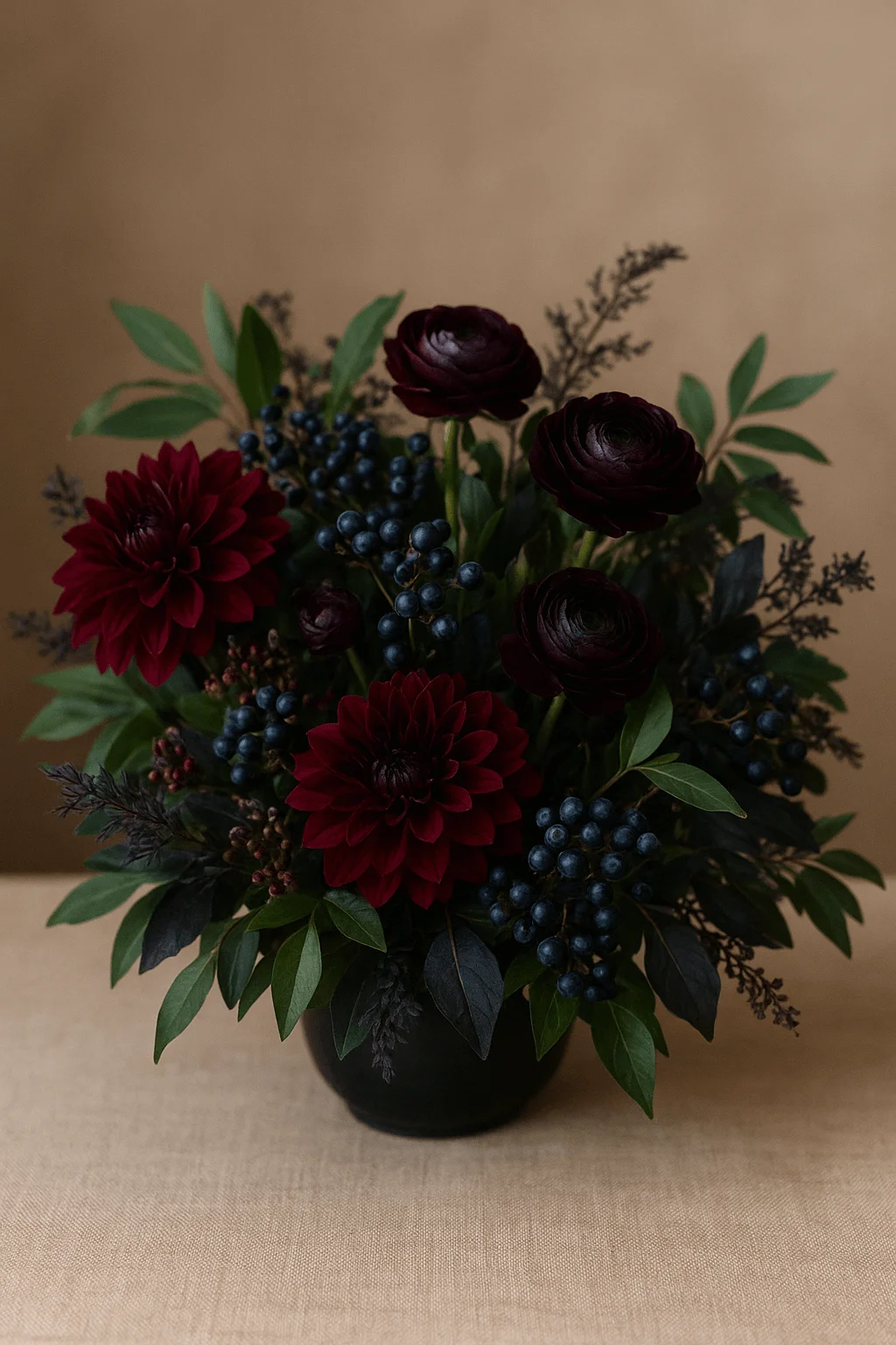Jewel toned winter floral centerpiece with deep red flowers blue berries and lush green foliage arranged in a dark modern vase on a warm neutral background