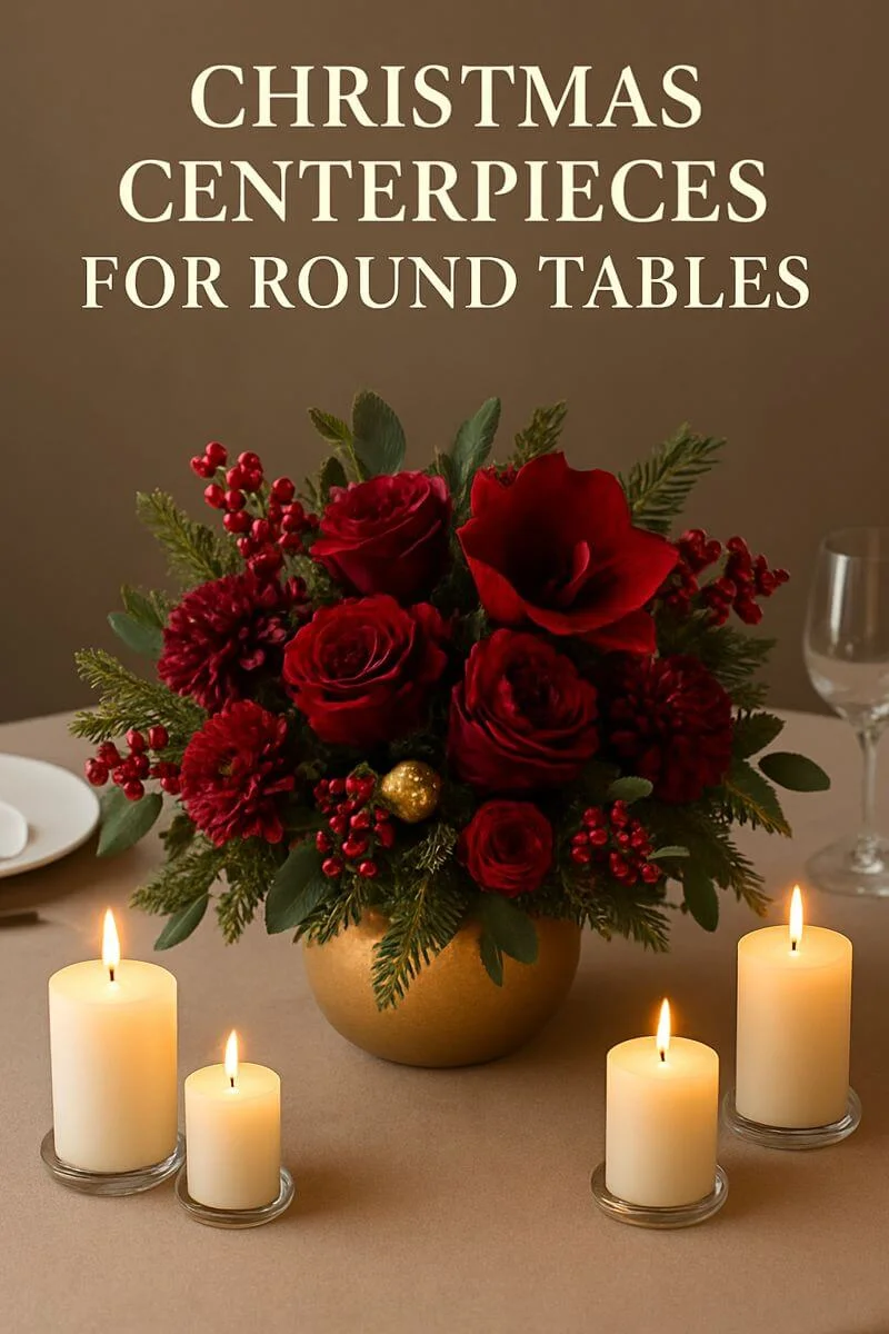 Luxurious Christmas floral centerpiece with deep red roses berries greenery and gold accents surrounded by glowing pillar candles