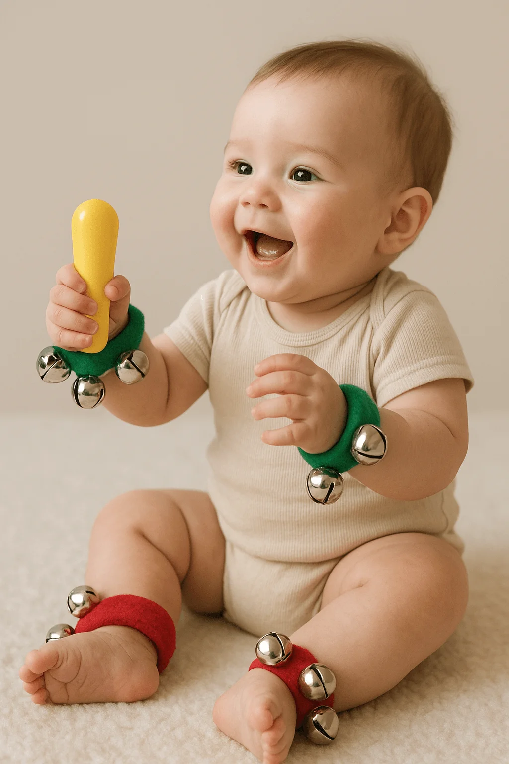 baby playing with jingle bell bracelets and a yellow musical shaker while smiling on a soft surface