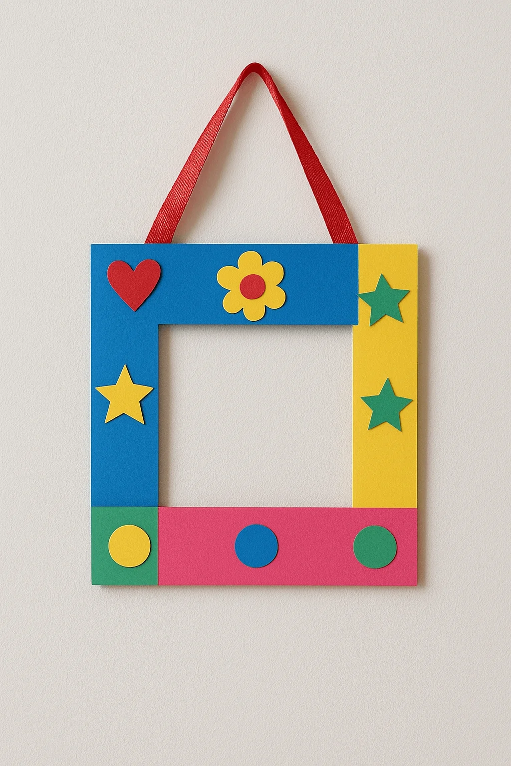 kids paper frame wall hanging craft with colorful shapes and red ribbon hanger