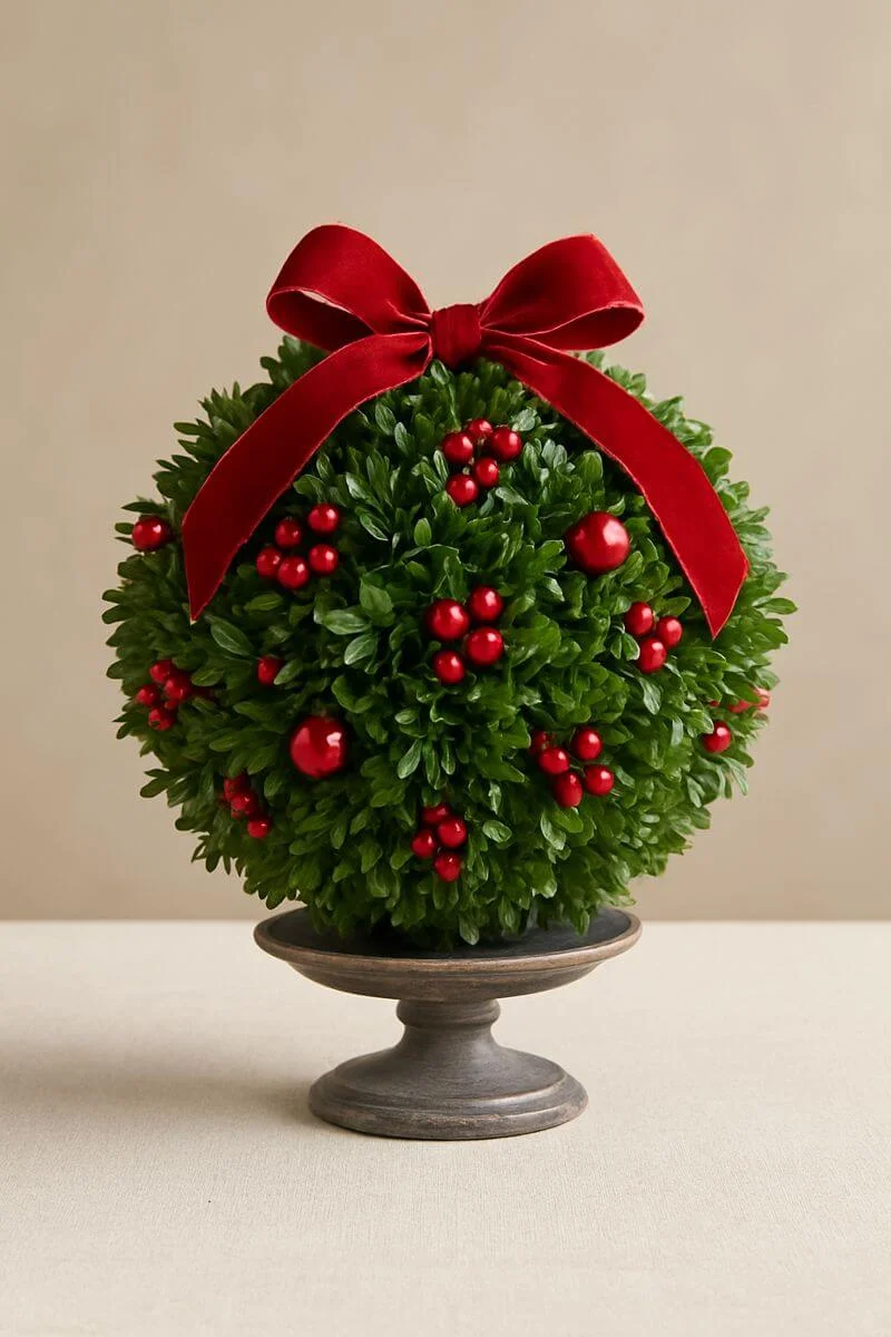 Christmas boxwood kissing ball centerpiece with red berries and a red velvet bow on a pedestal stand