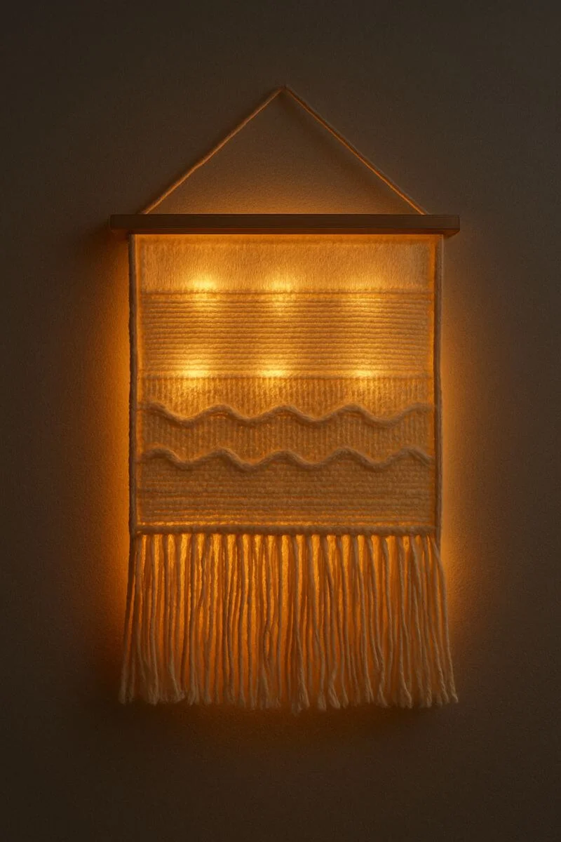 led backlit textile wall hanging with warm glowing lights and textured woven design