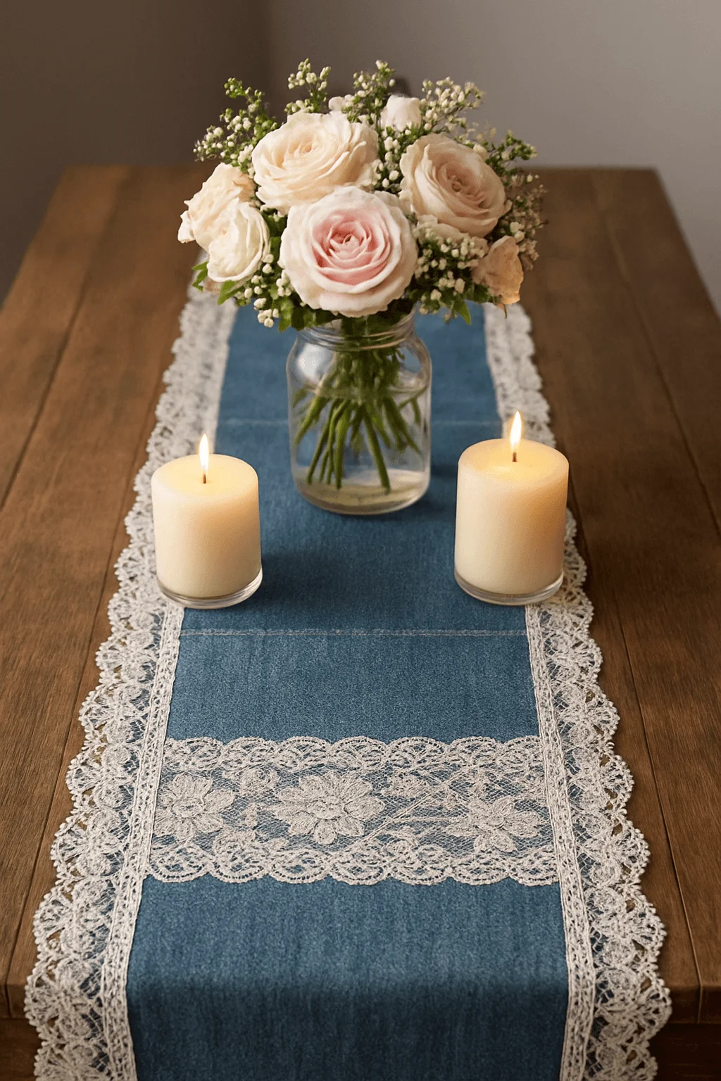 Denim and lace table runner with pillar candles and a mason jar bouquet of pink and white roses
