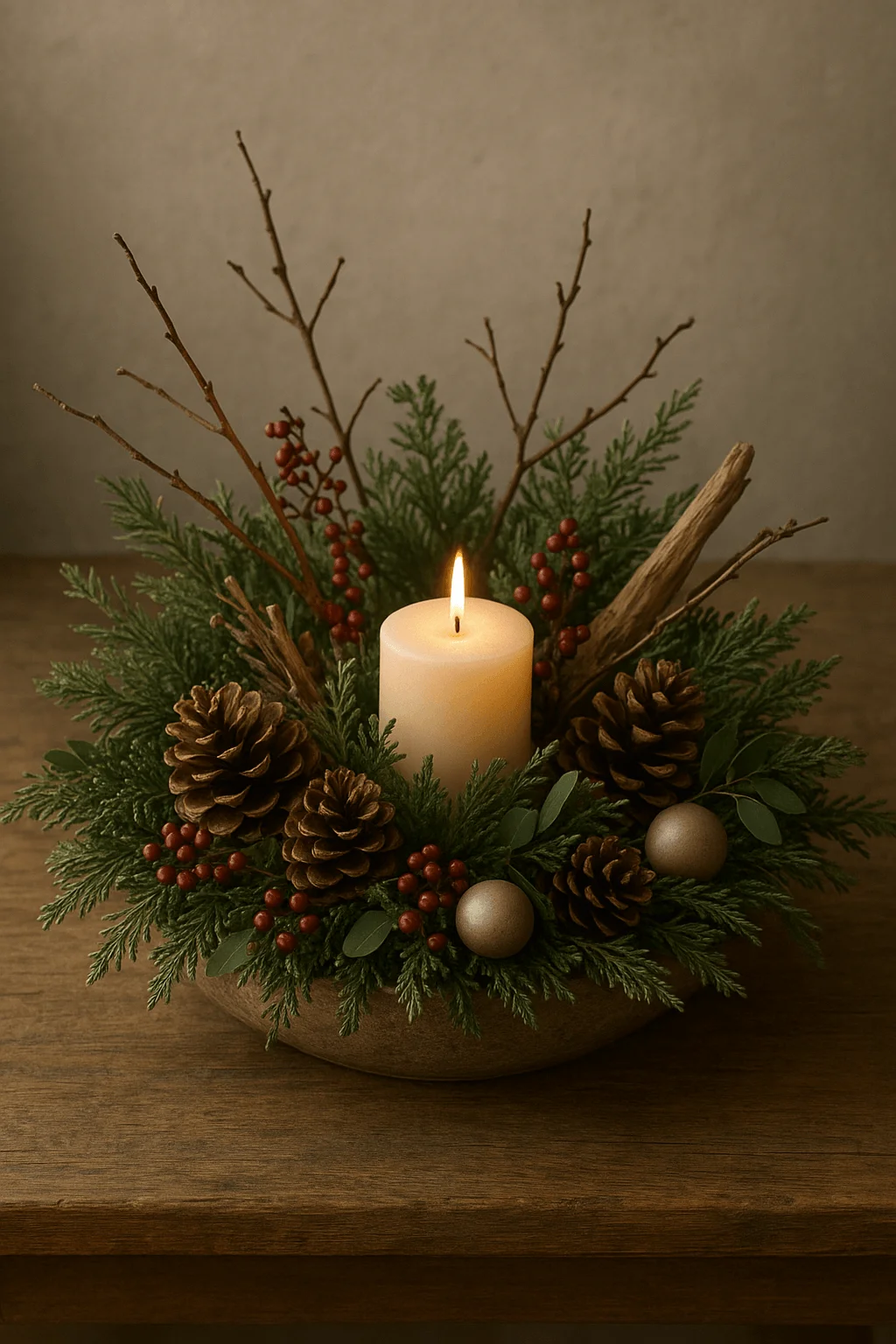 layered nature centerpiece with evergreen branches pinecones red berries wooden accents and a glowing pillar candle on a rustic table