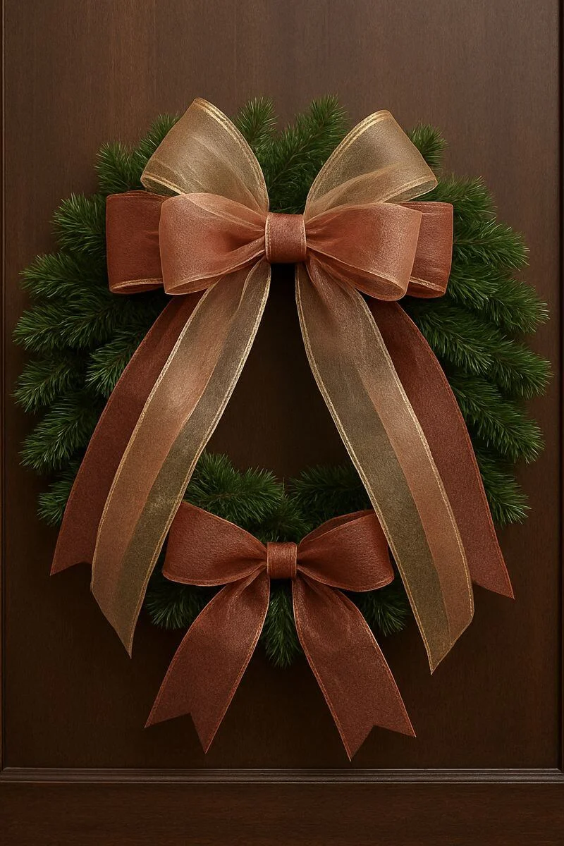 layered sheer and satin bronze ribbon bows decorating a green Christmas wreath on a dark wood door