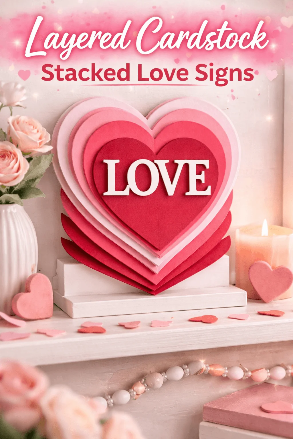 Layered cardstock stacked love sign with pink red paper hearts displayed as romantic valentines day home decor centerpiece