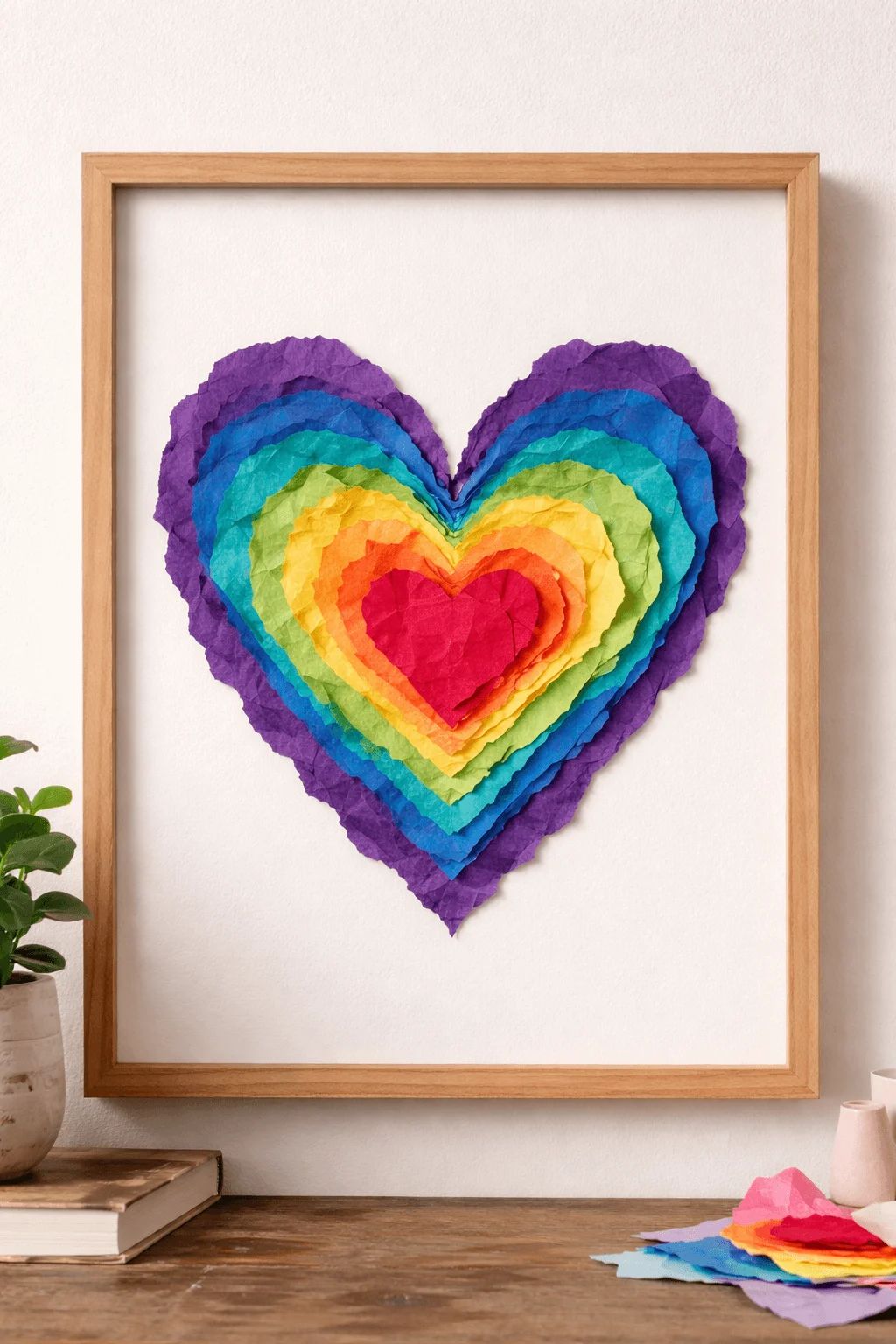 Layered torn paper heart wall art with colorful textured layers framed as modern handmade home decor