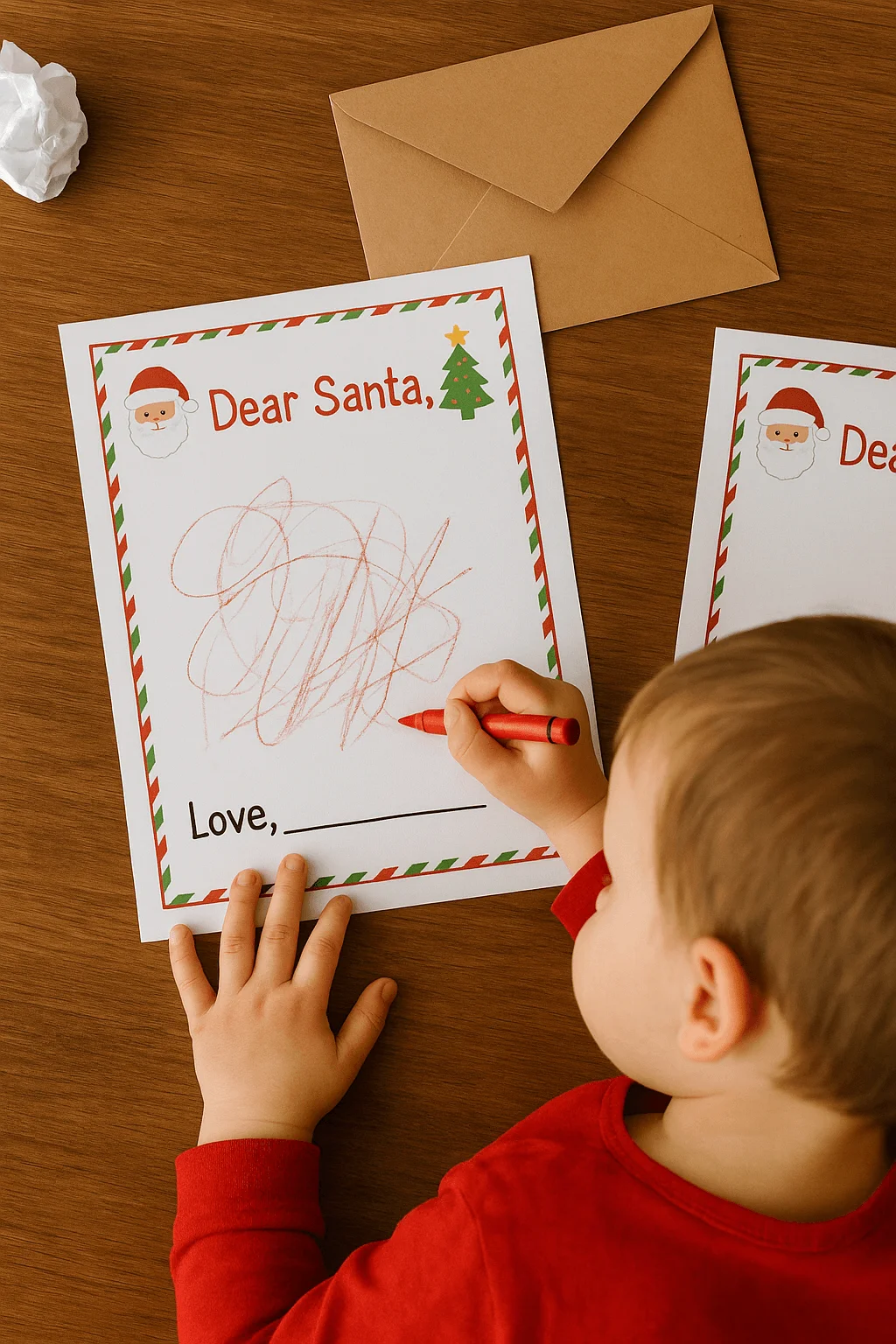 A young child in a red shirt uses a red crayon to scribble on a “Dear Santa” printable letter sheet decorated with Santa and Christmas tree graphics. The paper rests on a wooden table alongside another blank Santa letter, a brown envelope, and a crumpled piece of paper.