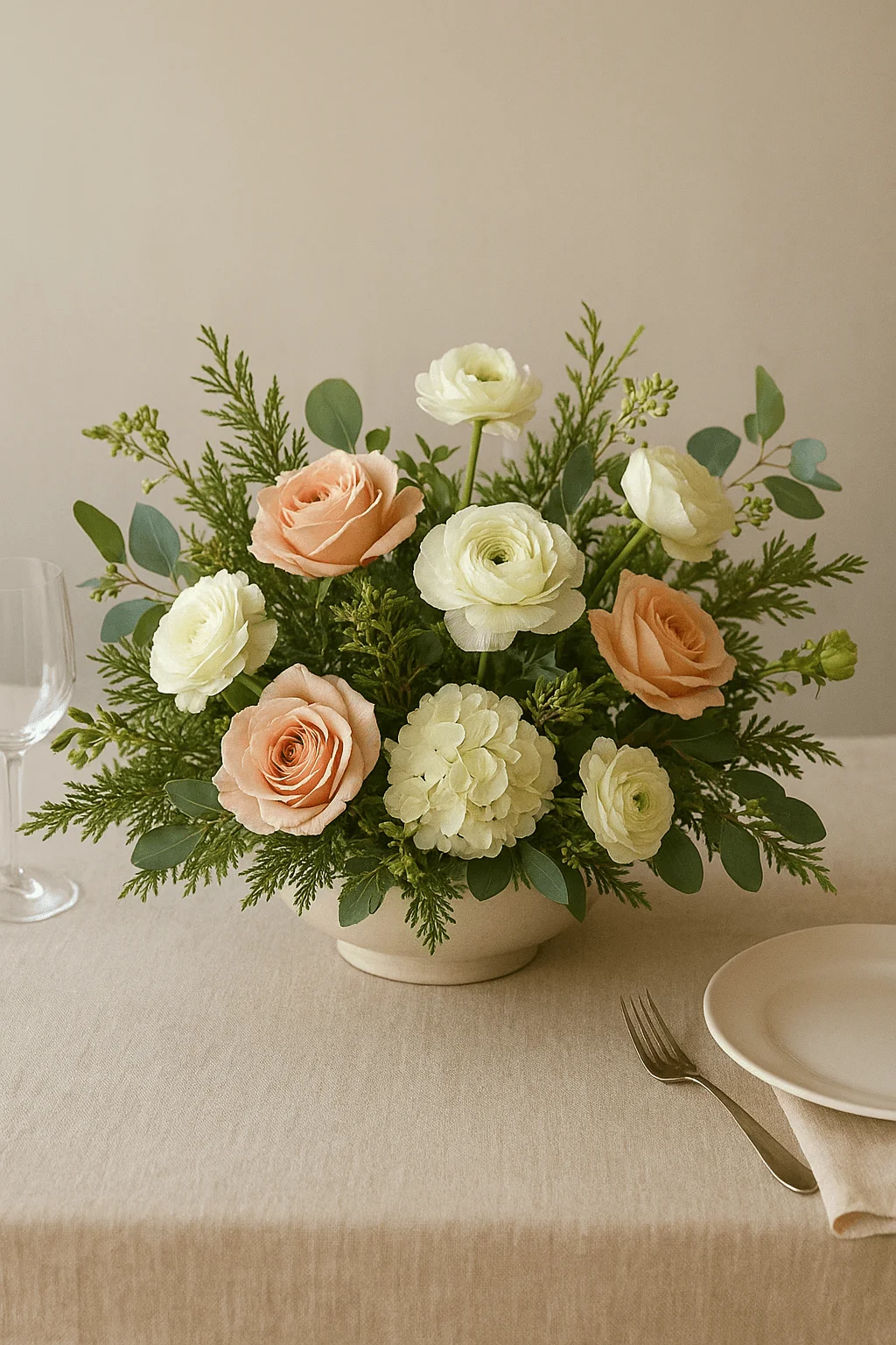 Elegant Christmas floral centerpiece with peach and white roses ranunculus hydrangea and greenery in a low cream vase