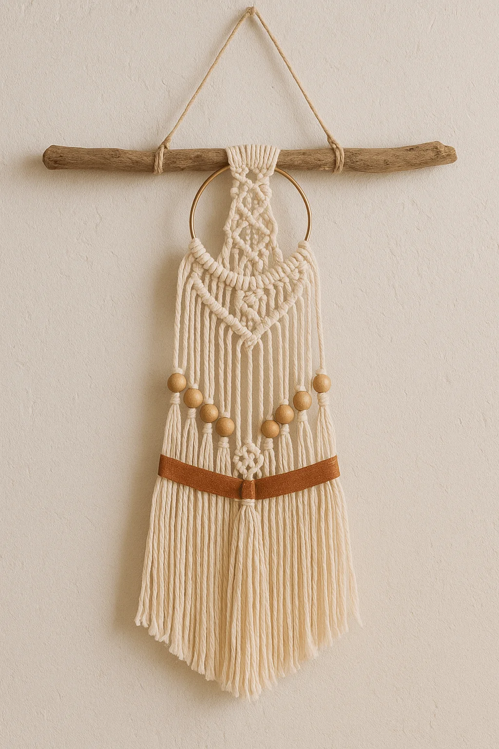 macrame wall hanging with wooden beads leather accent and driftwood rod