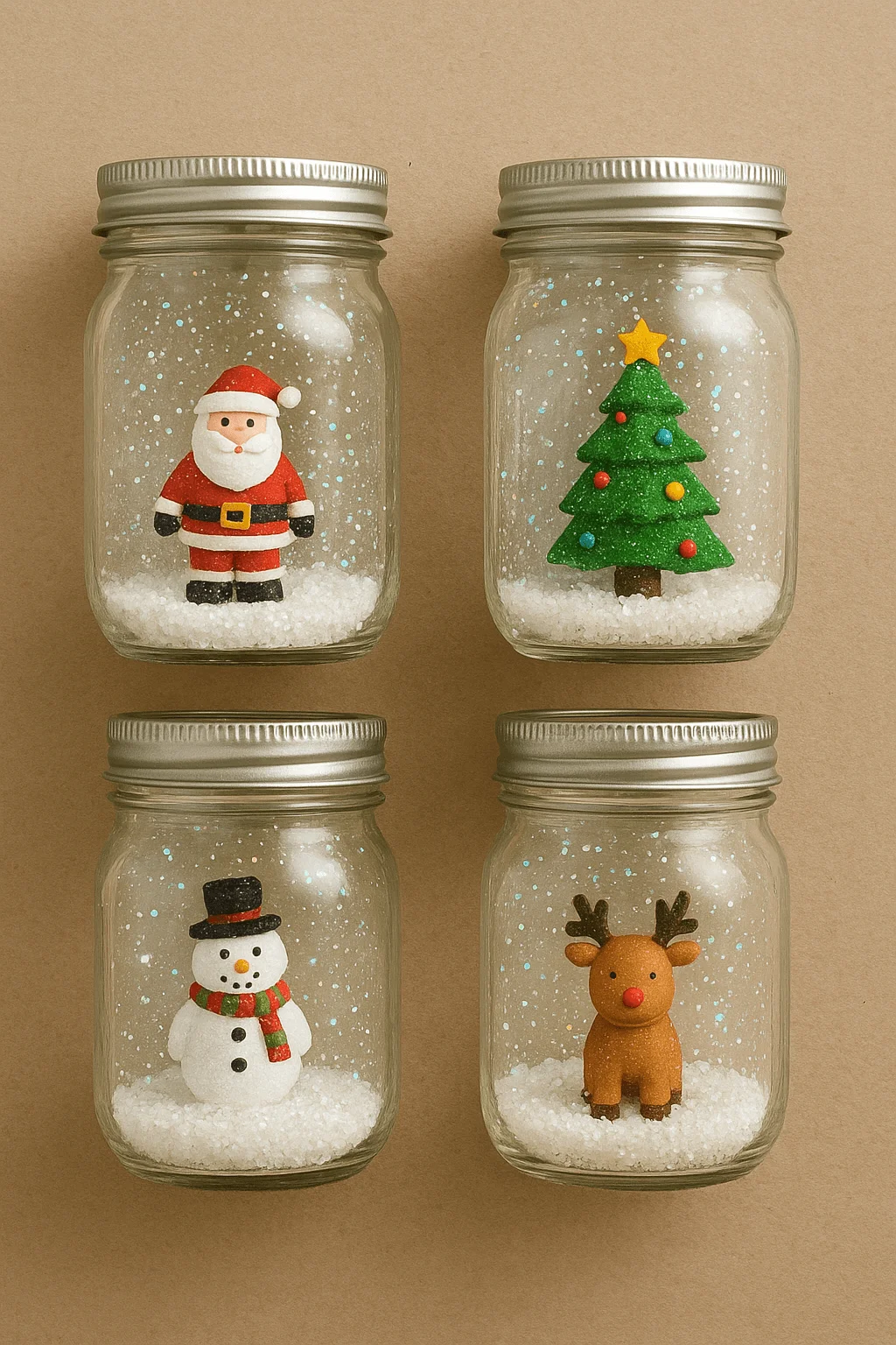 DIY mason jar snow globes with Santa Christmas tree snowman and reindeer figurines on white faux snow