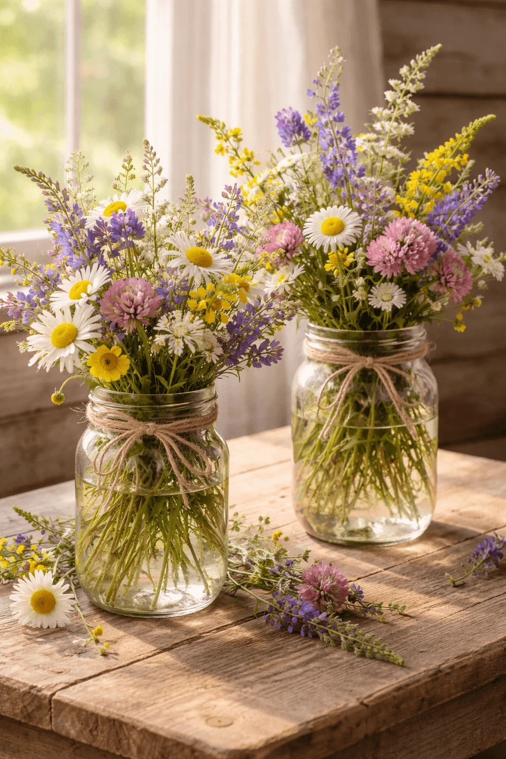 mason jar vases with wildflowers daisies lavender and rustic twine for natural valentines day table decor