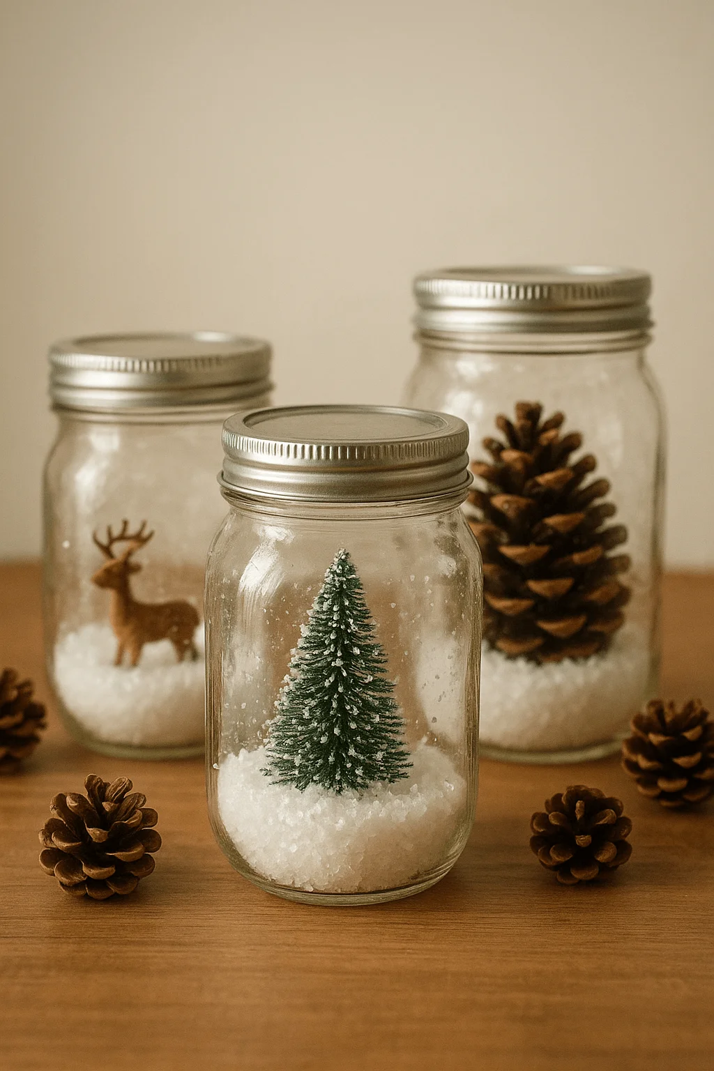 mason jar winter snow globes with miniature pine tree pinecones and faux snow for natural holiday decor