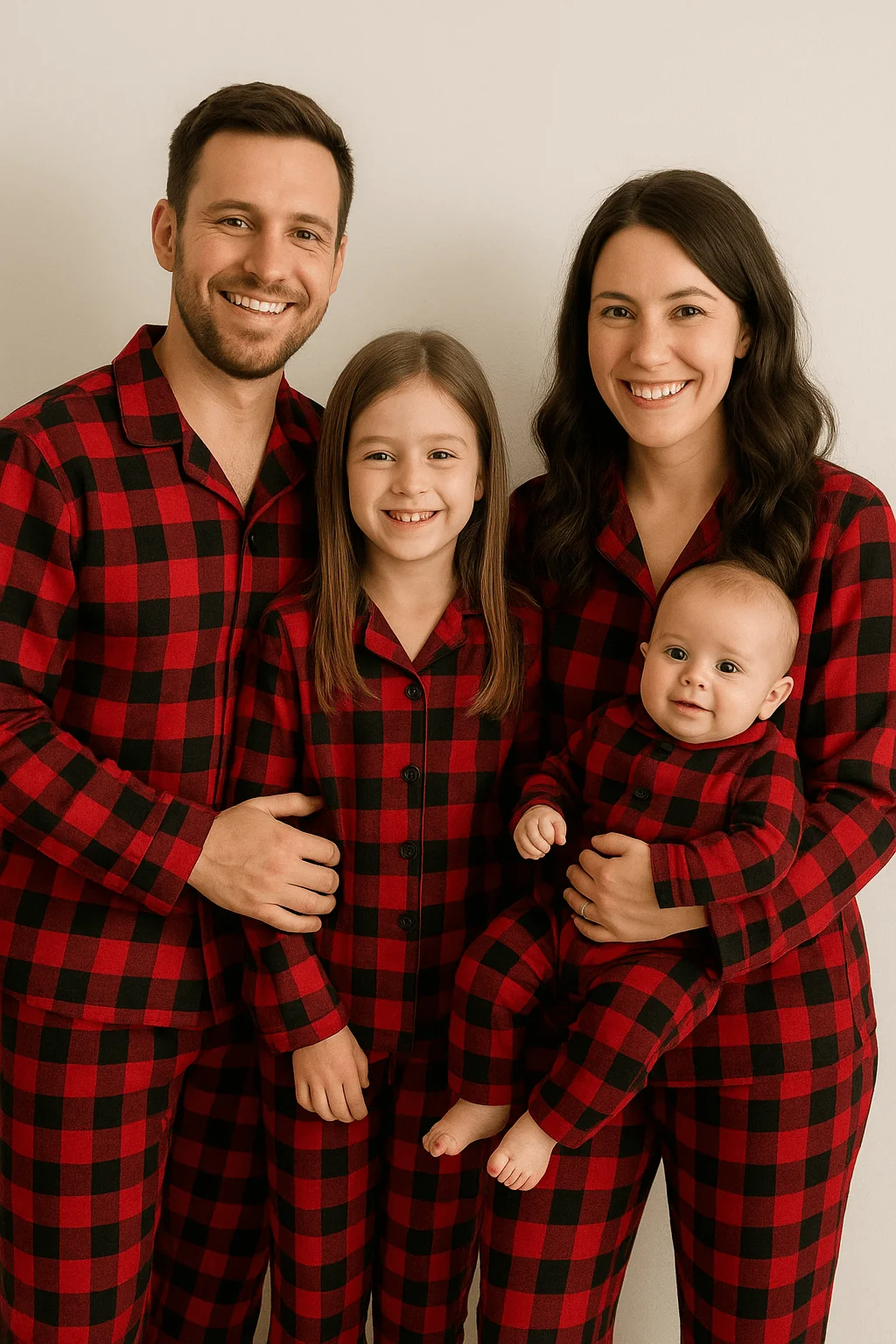 family in matching red and black plaid pajamas smiling together for cozy holiday photo