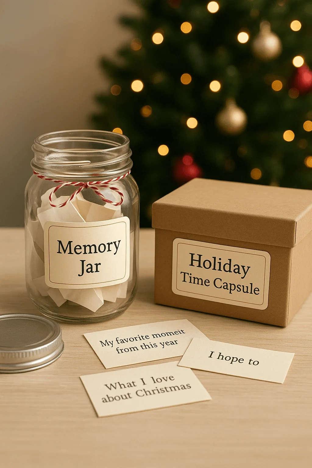 memory jar and holiday time capsule display with handwritten prompts on cards in front of a blurred christmas tree