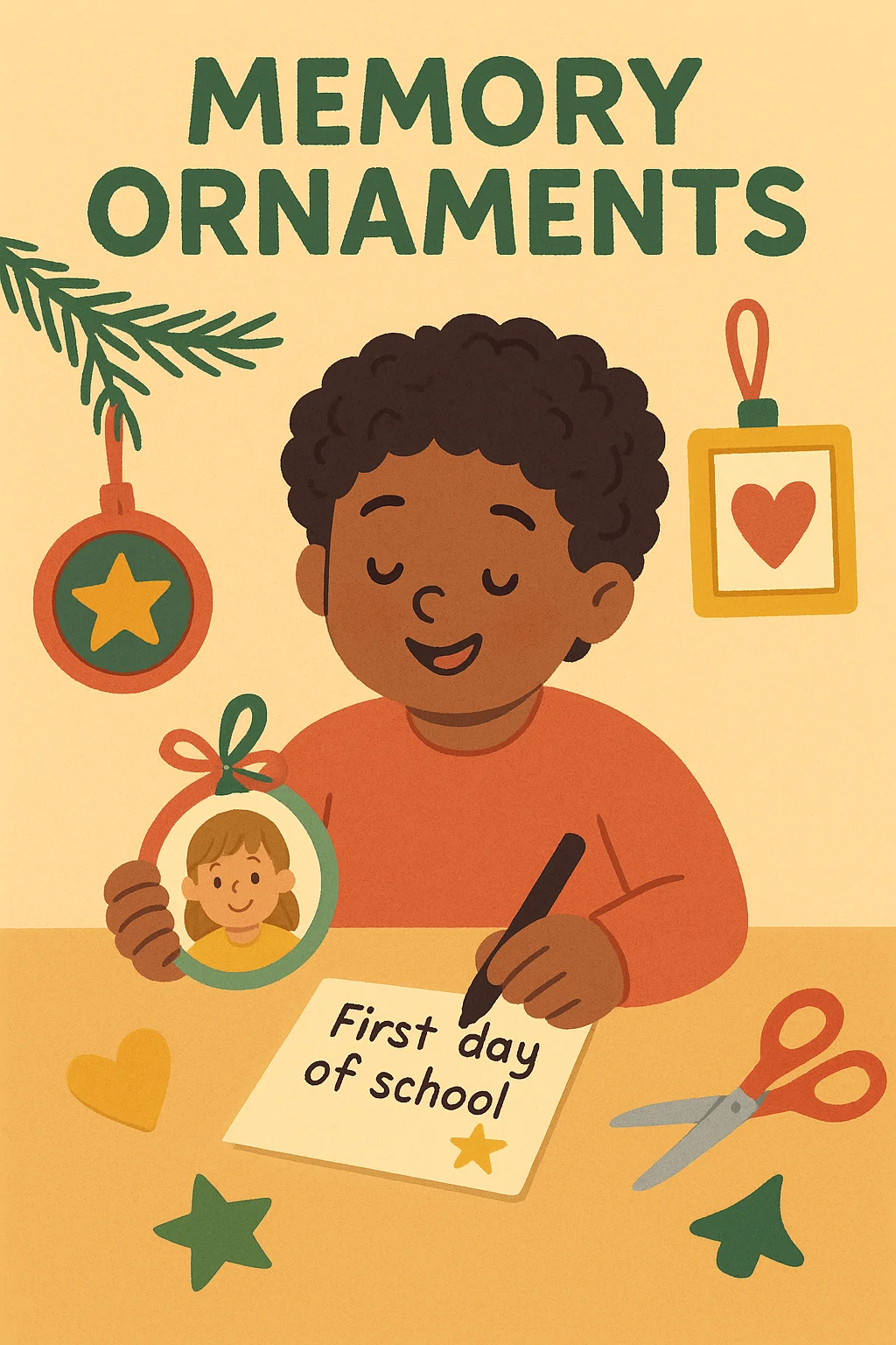 memory ornaments illustration of a child creating keepsake decorations with photos and handwritten notes