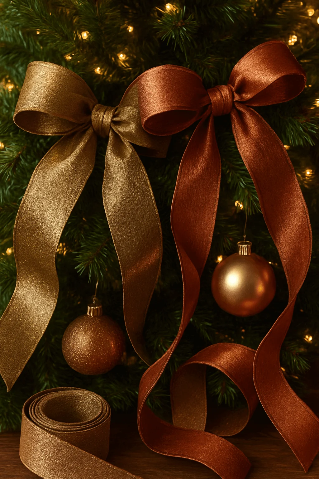 metallic brass and copper textured ribbon bows decorating a Christmas tree with matching ornaments
