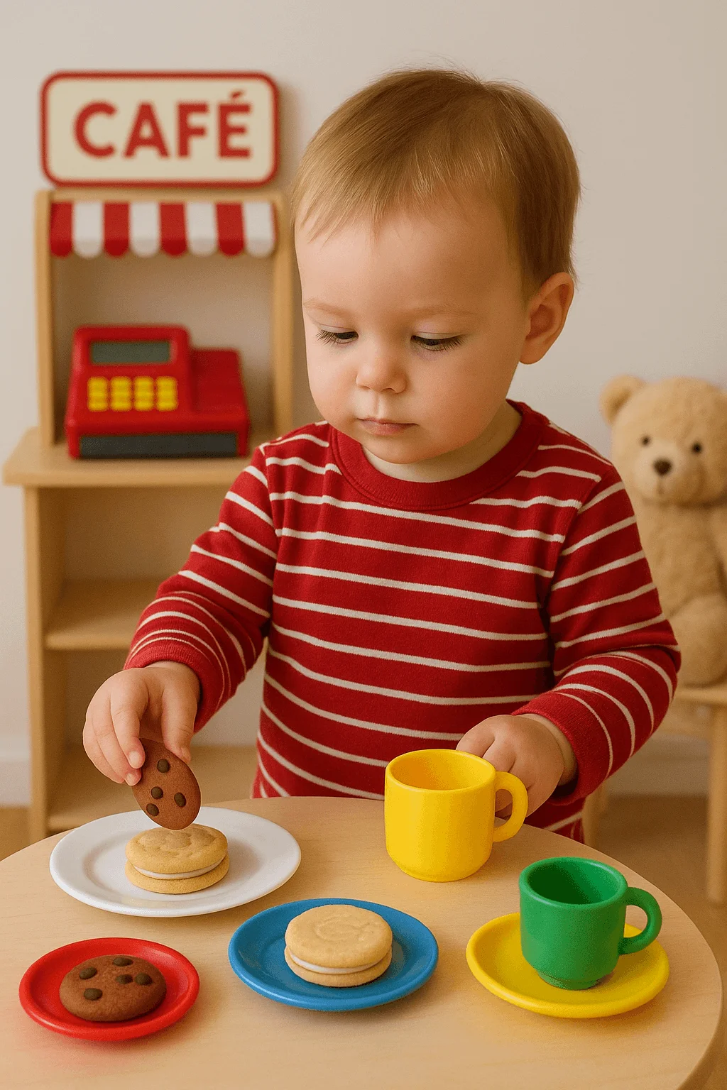 A toddler plays at a pretend café setup, placing toy cookies on colorful plates beside yellow and green toy cups, with a play cash register and café sign in the background.