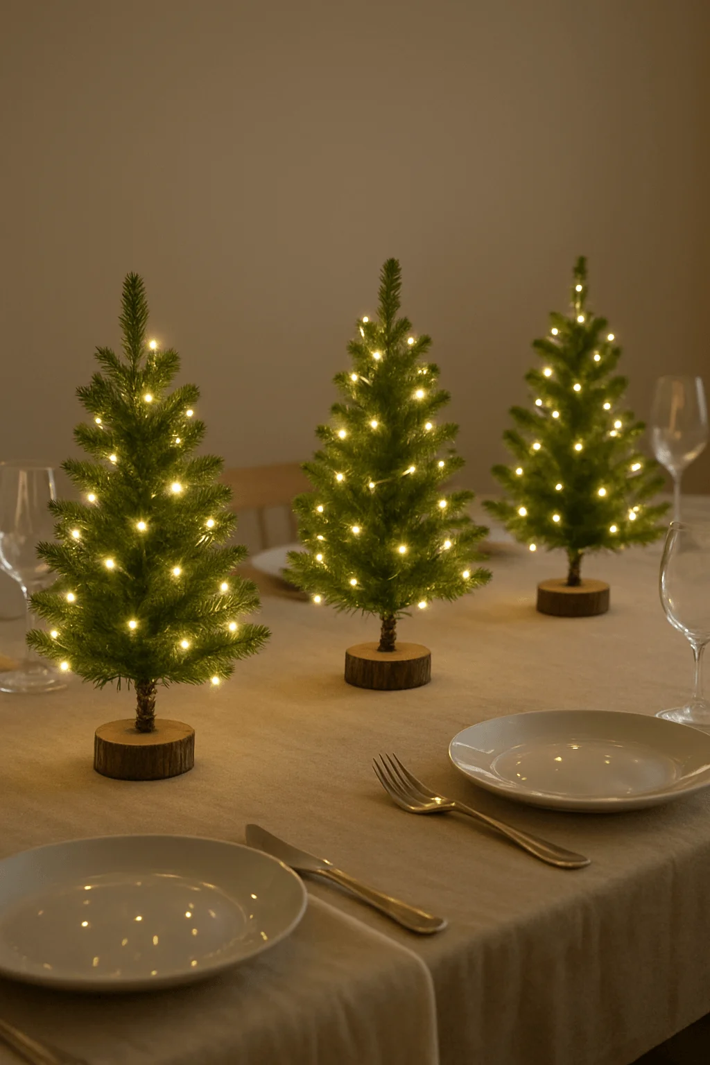 Mini Christmas trees with warm fairy lights used as a festive dining table centerpiece