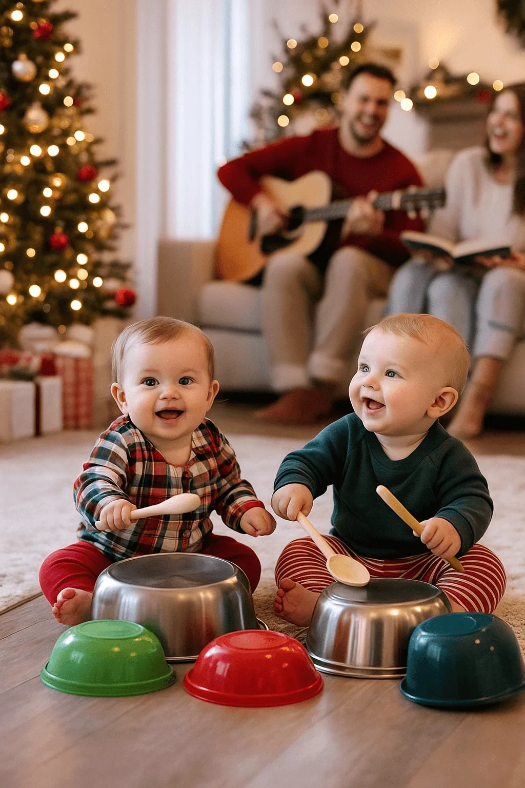babies playing with makeshift drums using bowls and wooden spoons during a festive family music session