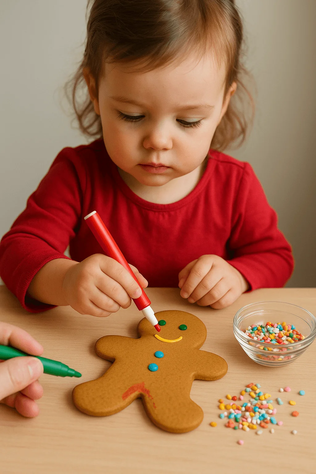 A toddler in a red shirt decorates a gingerbread-shaped cookie using a red edible marker. The cookie is on a table with colorful sprinkles scattered nearby and a small glass bowl filled with more sprinkles. An adult hand holding a green marker assists beside the child.