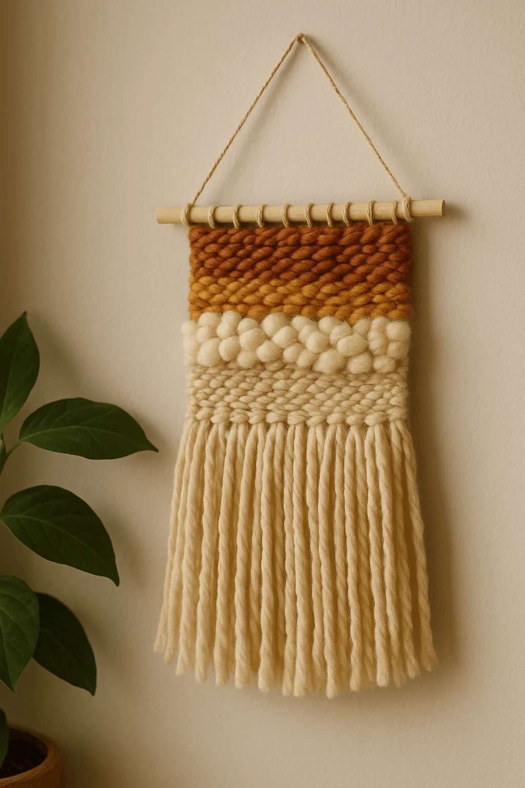 mini woven tapestry wall hanging with earthy yarn textures and long cream fringe