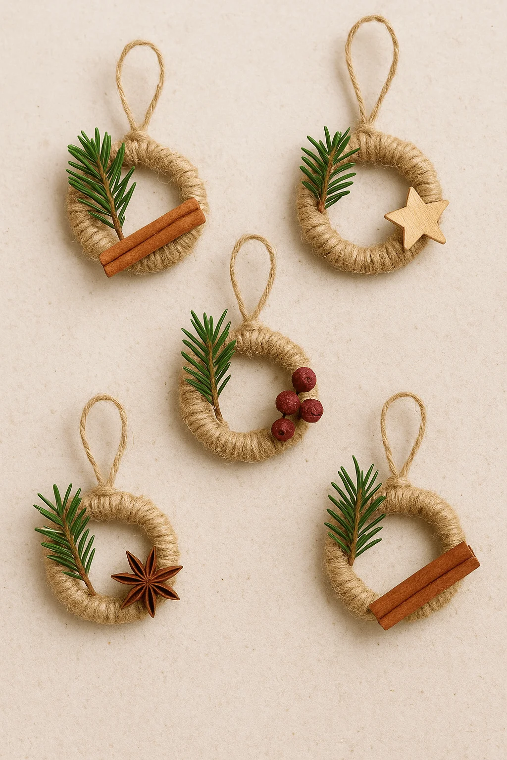 Mini rustic wreath ornaments made of twine with pine sprigs cinnamon sticks wooden star star anise and red berries