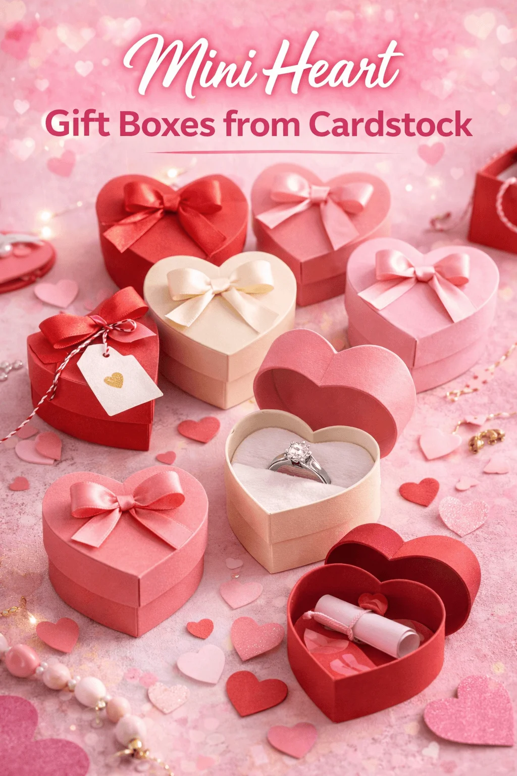 Mini heart gift boxes made from cardstock in pink red and cream colors with bows jewelry and romantic decor