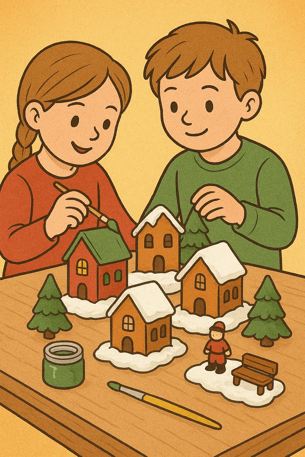Children painting miniature Christmas village houses with snowy rooftops, trees, and tiny holiday figurines on a wooden table.