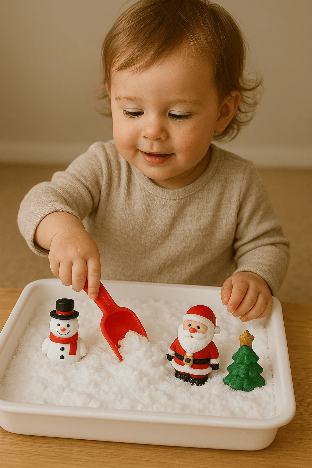 A toddler plays with a white sensory bin filled with faux snow, using a red scoop beside small Christmas figurines including a snowman, Santa, and a green tree.
