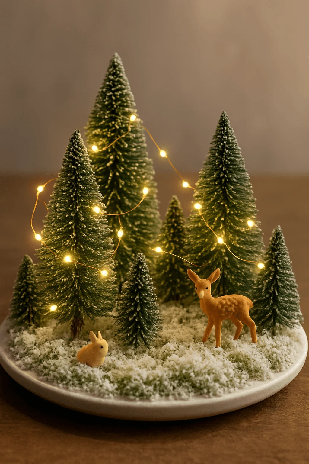 Miniature winter forest scene with snowy trees warm fairy lights and small deer and rabbit figurines on a round base
