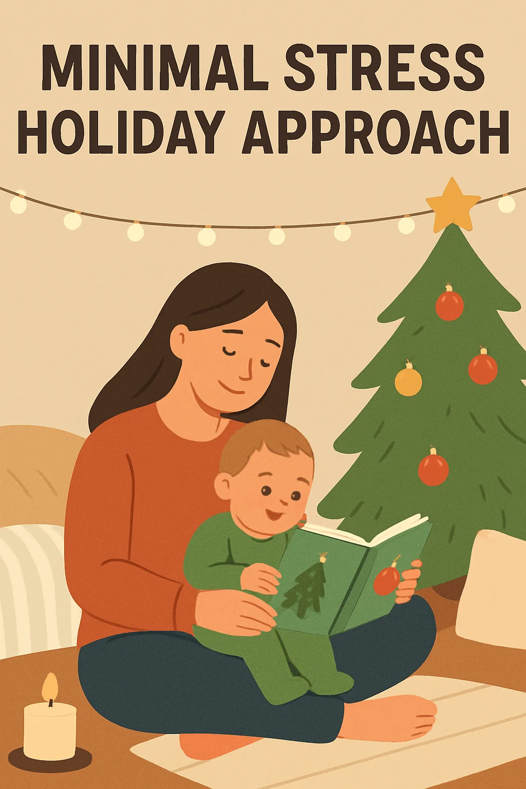 illustrated parent reading a holiday book with their child next to a decorated Christmas tree for a minimal stress holiday approach